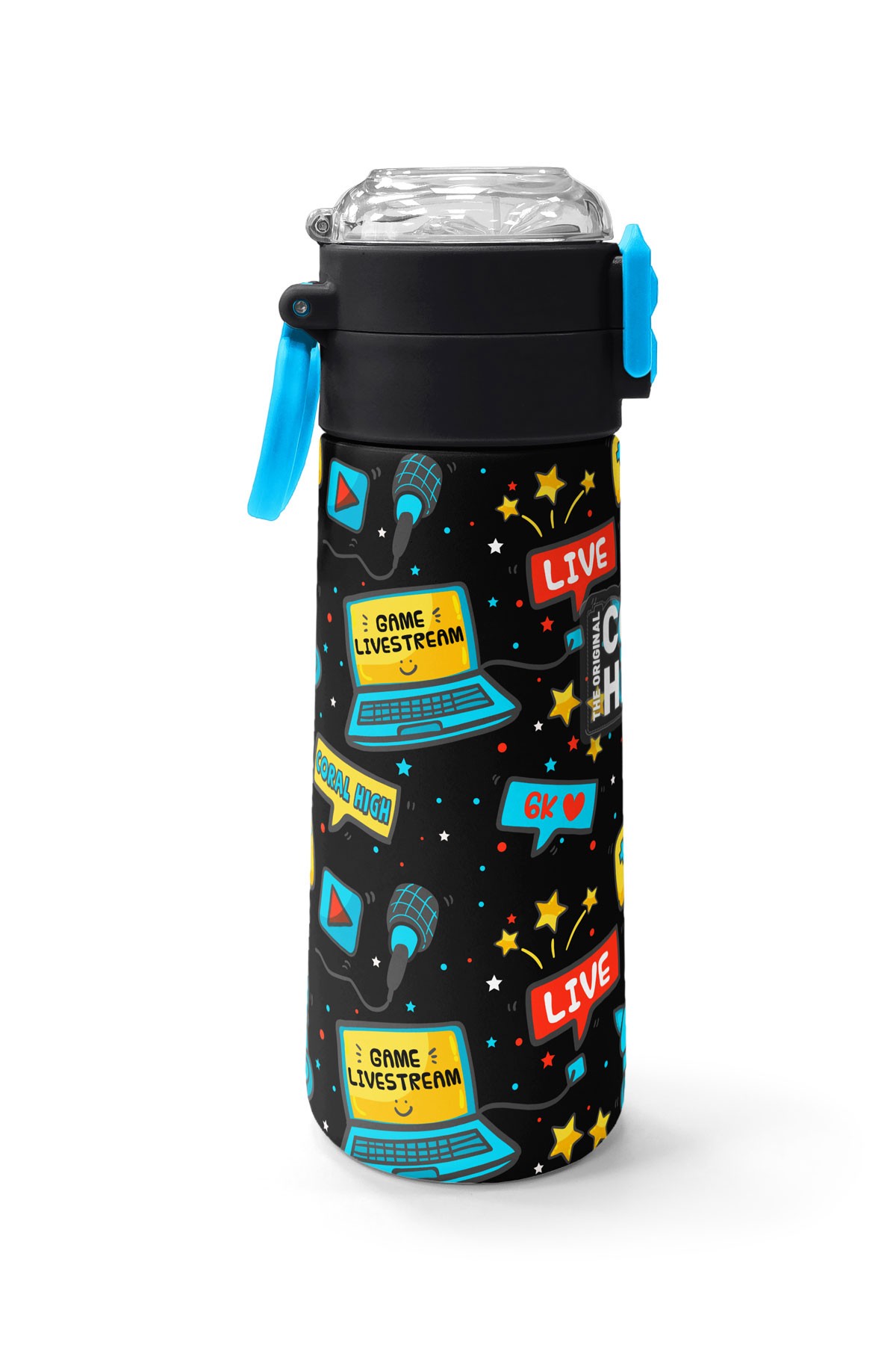 Coral High Kids Siyah Mavi Gamer Desenli Pipetli ve Direkt İçim Çelik Termos 500 ml 31984