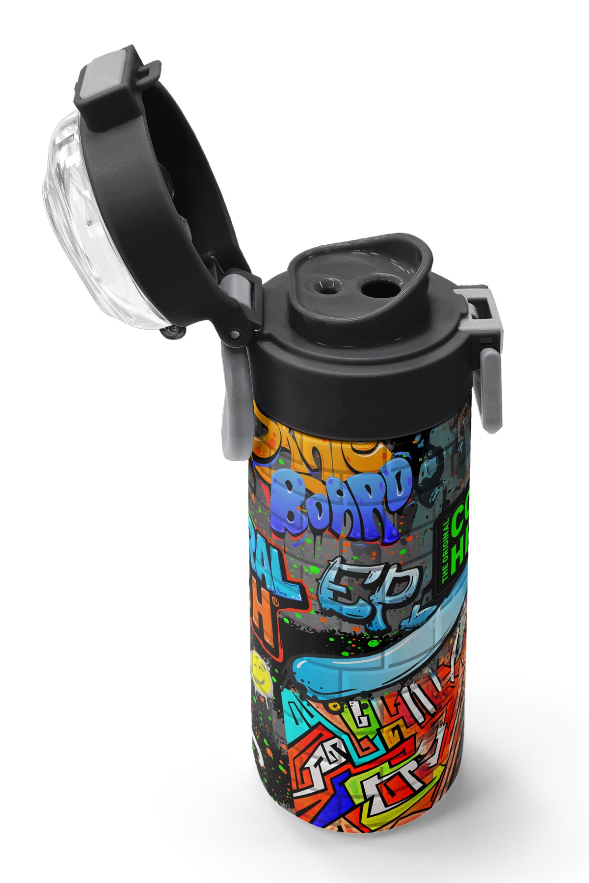 Coral High Kids Siyah Mavi Grafiti Desenli Pipetli ve Direkt İçim Çelik Termos 500 ml 31972