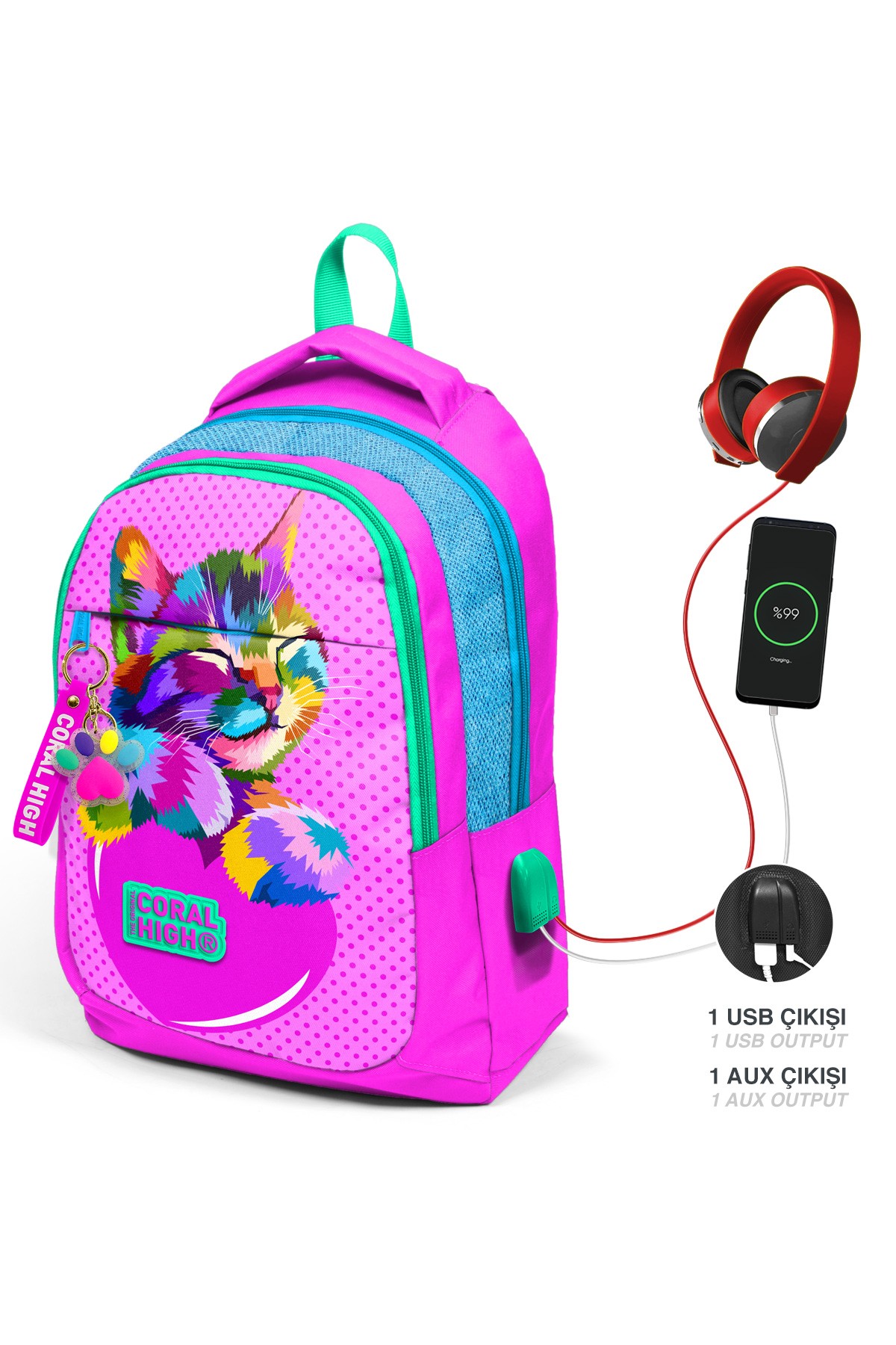 Coral High Kids Pembe Mavi Simli Kedi Desenli Üç Bölmeli USB'li Okul Sırt Çantası 24301