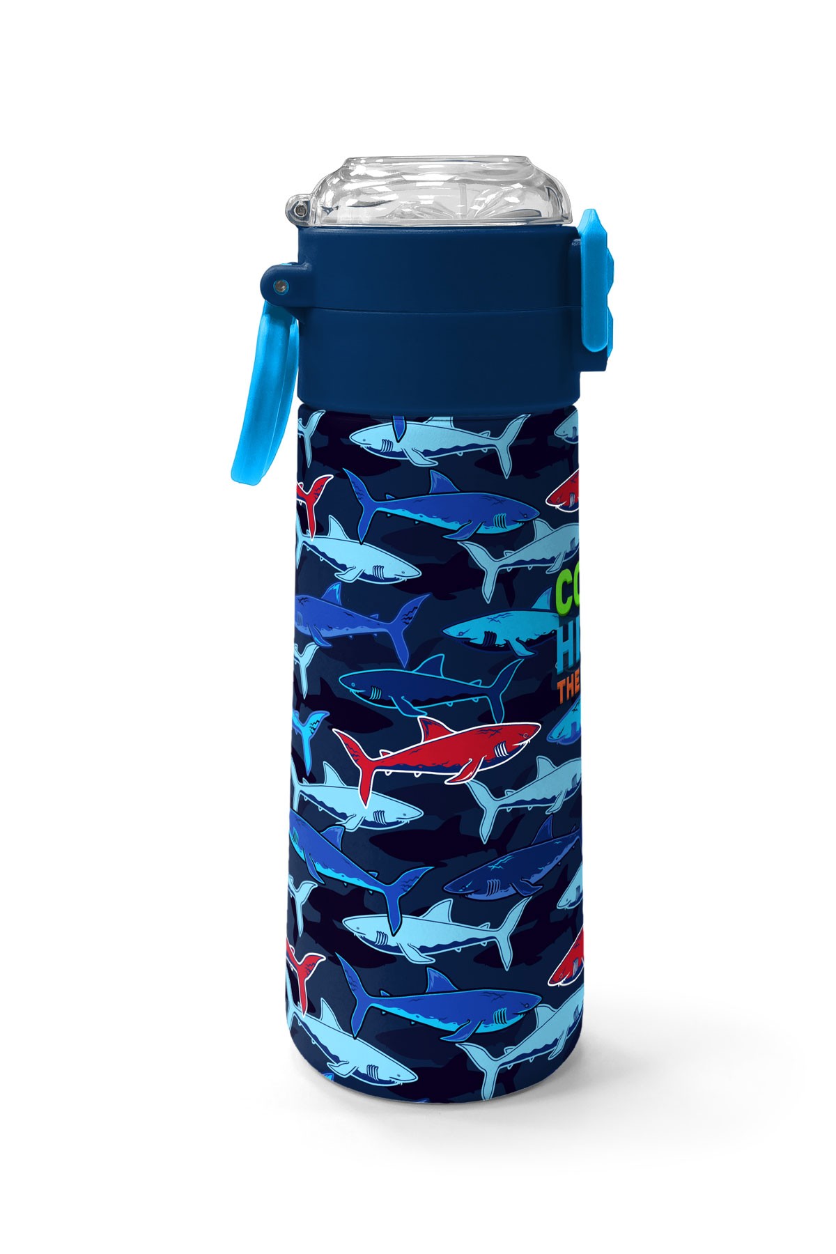 Coral High Kids Lacivert Kırmızı Köpek Balığı Desenli Pipetli ve Direkt İçim Çelik Termos 500 ml 31930