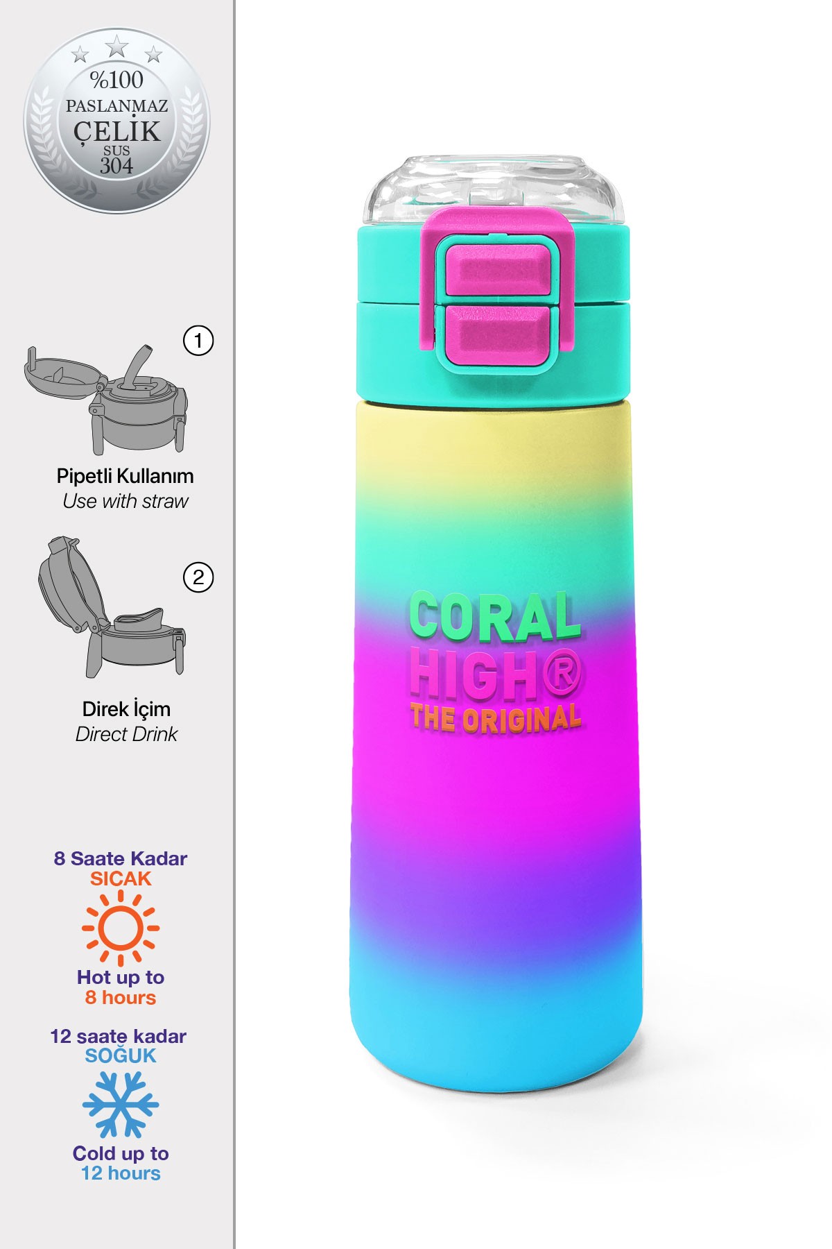 Coral High Kids Renk Geçişli Desenli Pipetli ve Direkt İçim Çelik Termos 500 ml 31924
