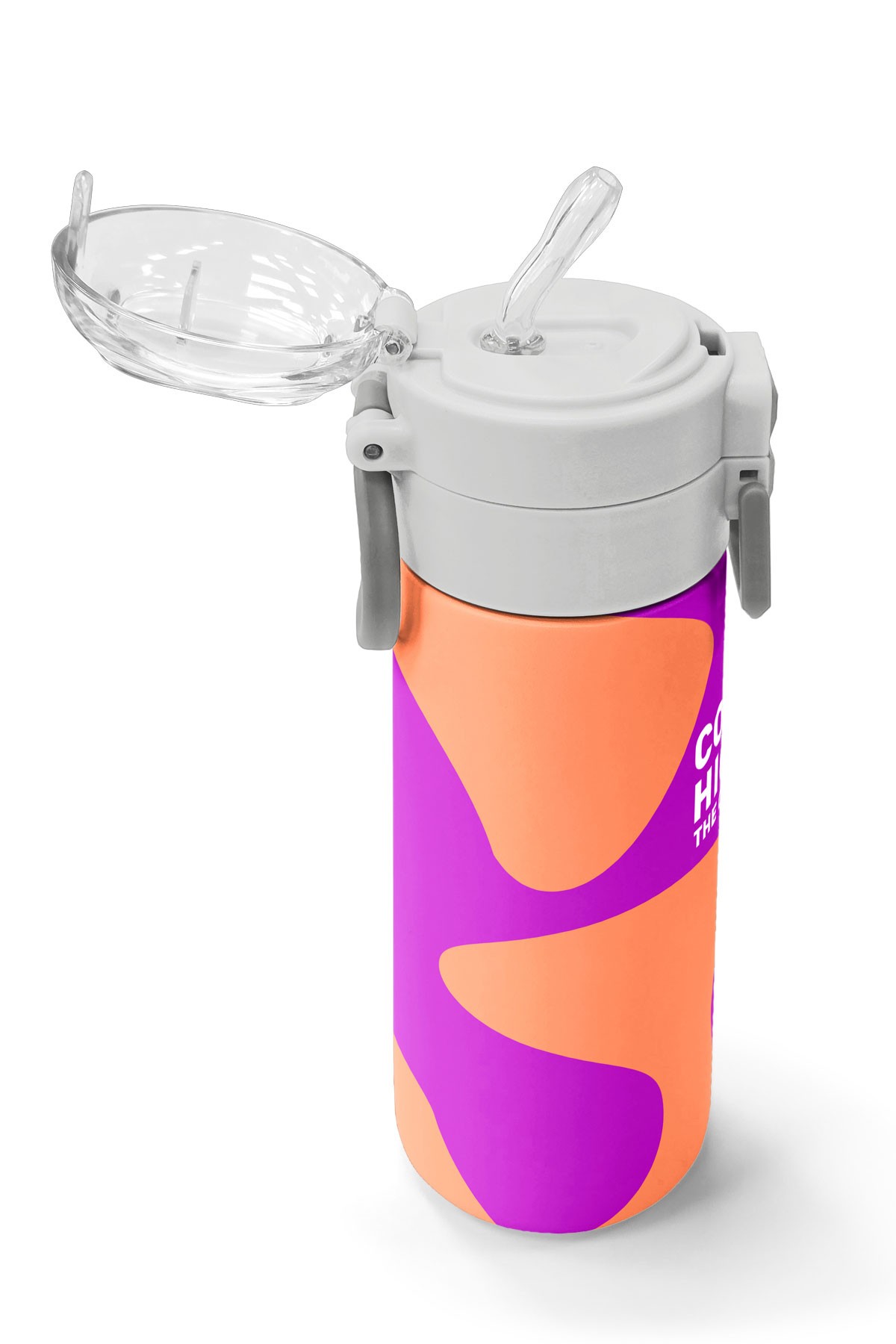 Coral High Kids Koyu Pembe Turuncu Desenli Pipetli ve Direkt İçim Çelik Termos 500 ml 31884