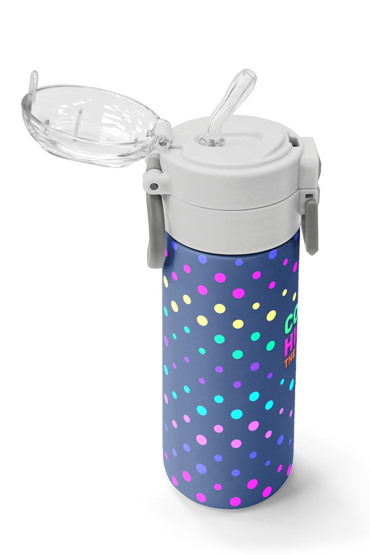 Coral High Kids Lacivert Puantiyeli Desenli Pipetli ve Direkt İçim Çelik Termos 500 ml 31872