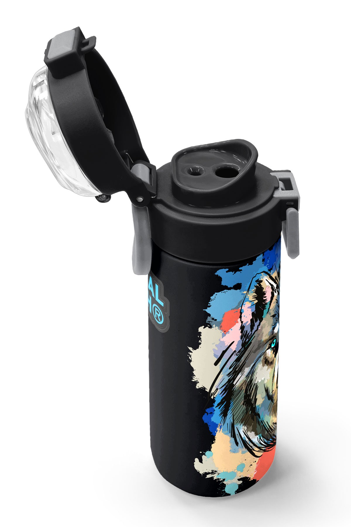 Coral High Kids Gri Siyah Kurt Desenli Pipetli ve Direkt İçim Çelik Termos 500 ml 31832