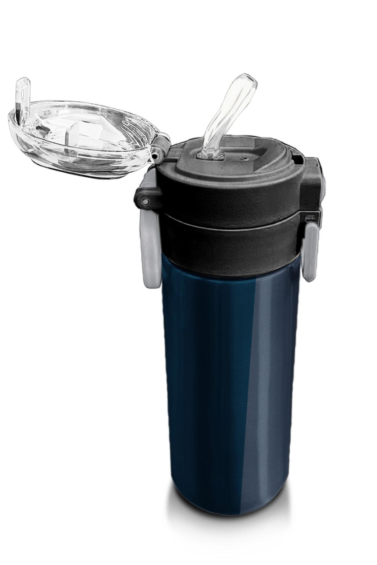 Coral High Kids Lacivert Turuncu Çizgili Pipetli ve Direkt İçim Çelik Termos 500 ml 31998