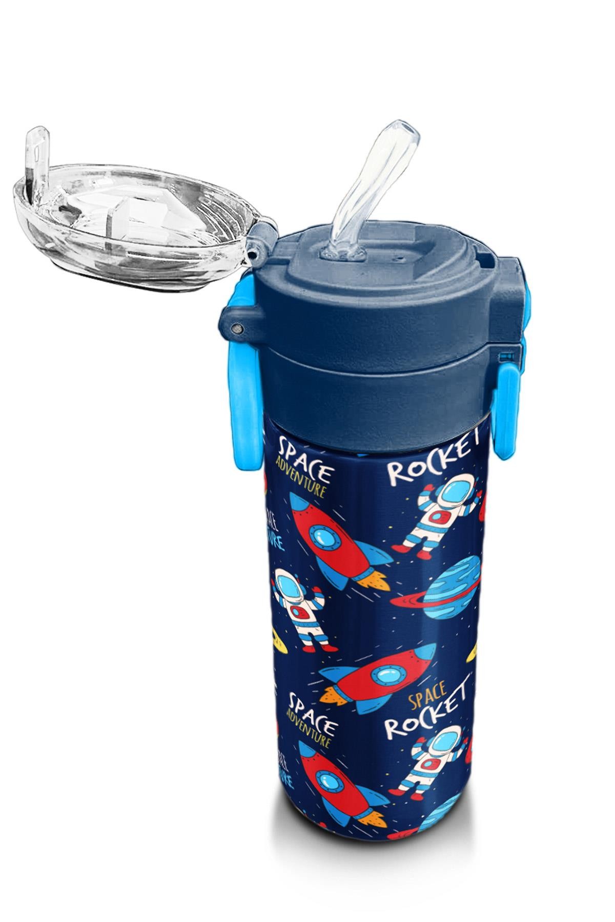 Coral High Kids Lacivert Mavi Uzay Desenli Pipetli ve Direkt İçim Çelik Termos 500 ml 31917