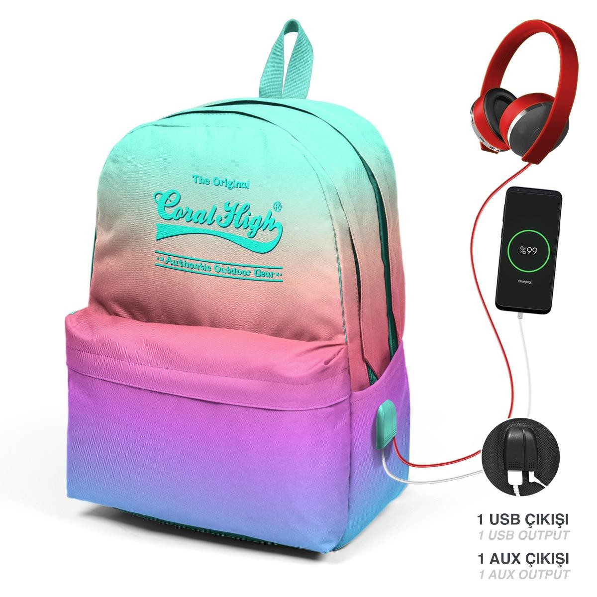 Coral High Su Yeşili Pembe Renk Geçişli Üç Bölmeli USB Şarjlı Kulaklık Çıkışlı Okul Sırt Çantası 23426