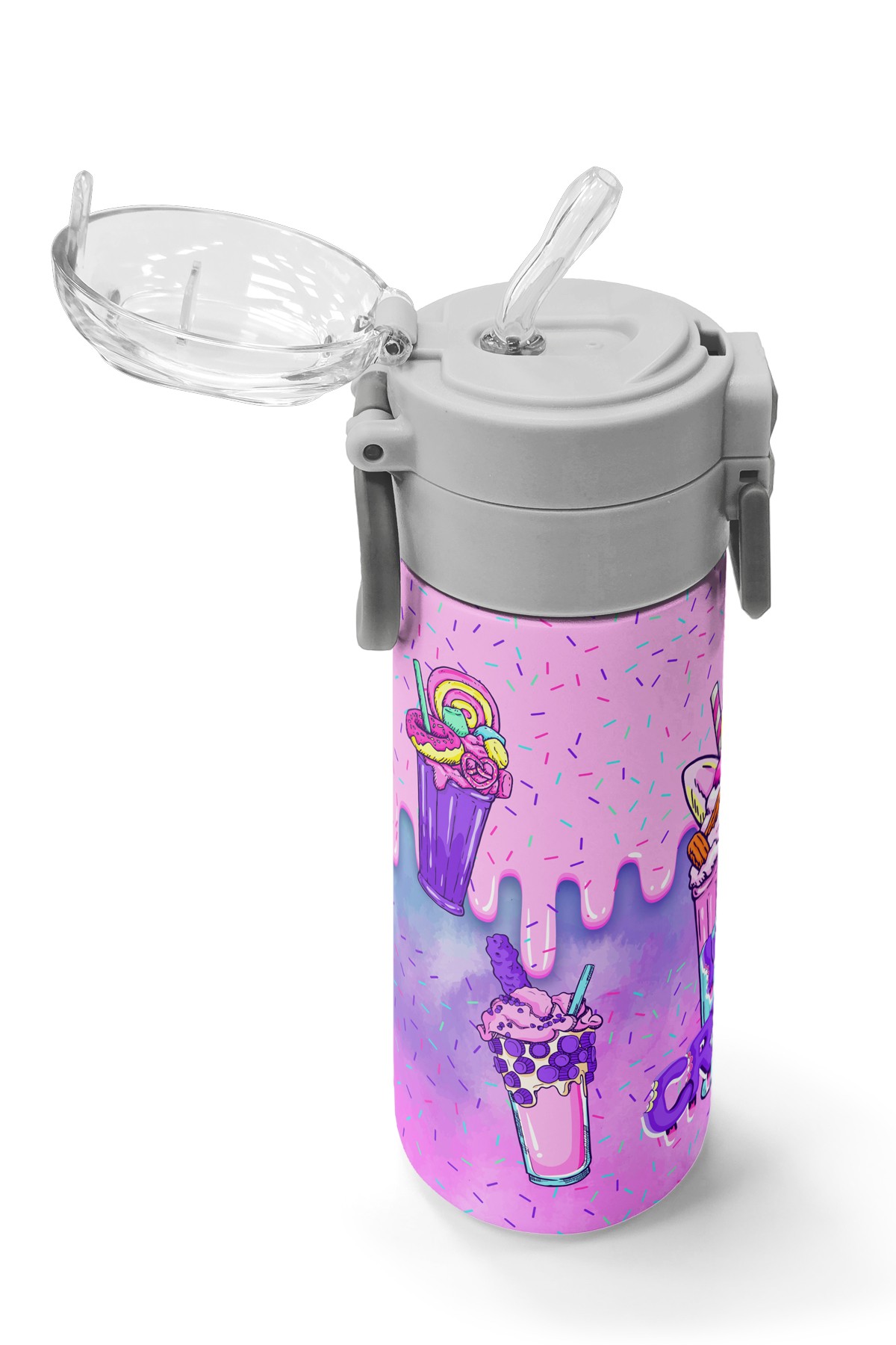 Coral High Kids Pembe Mor Milkshake Dondurma Desenli Pipetli ve Direkt İçim Çelik Termos 500 ml 31950