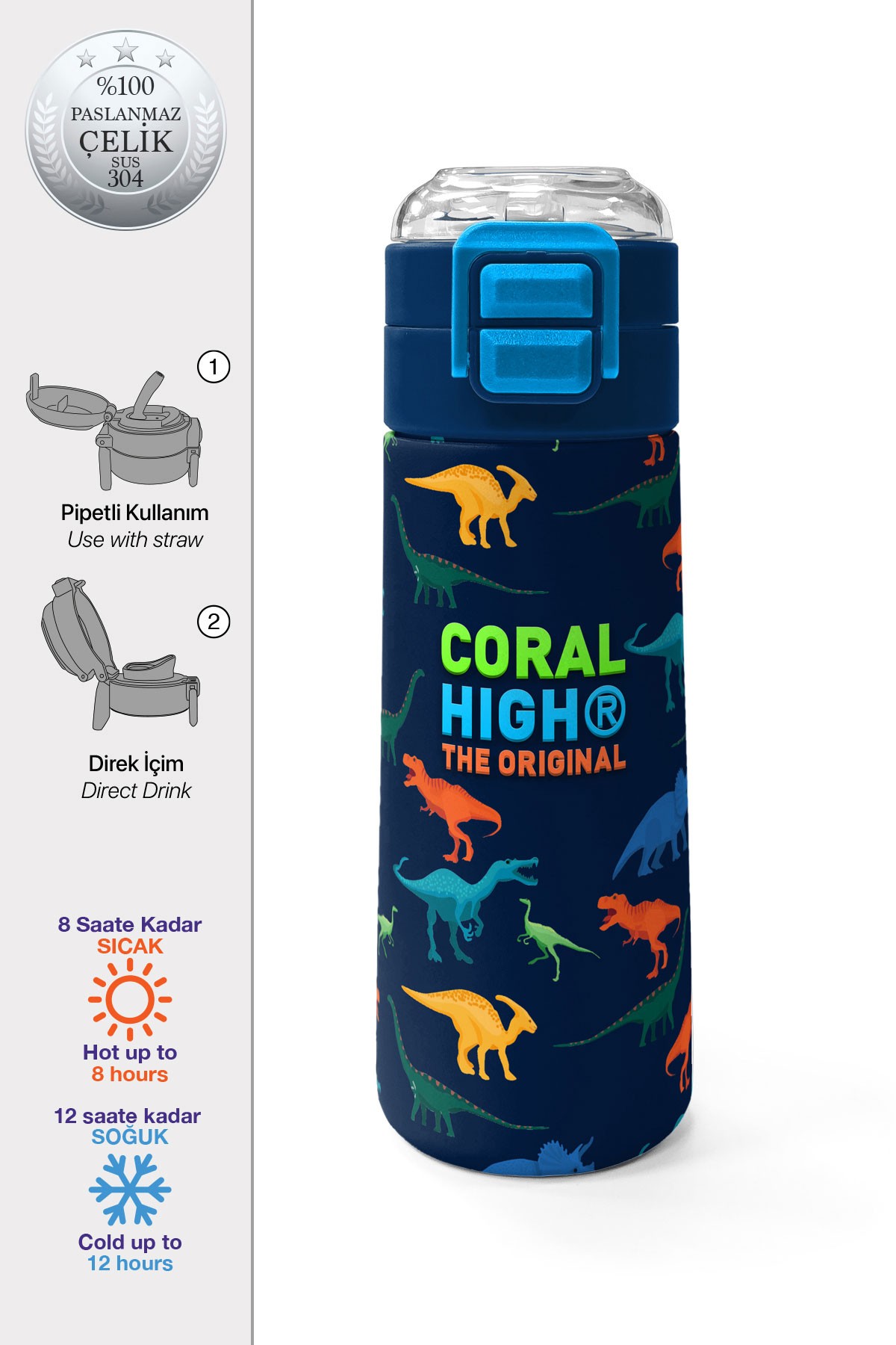 Coral High Kids Lacivert Mavi Dinozor Desenli Pipetli ve Direkt İçim Çelik Termos 500 ml 31907