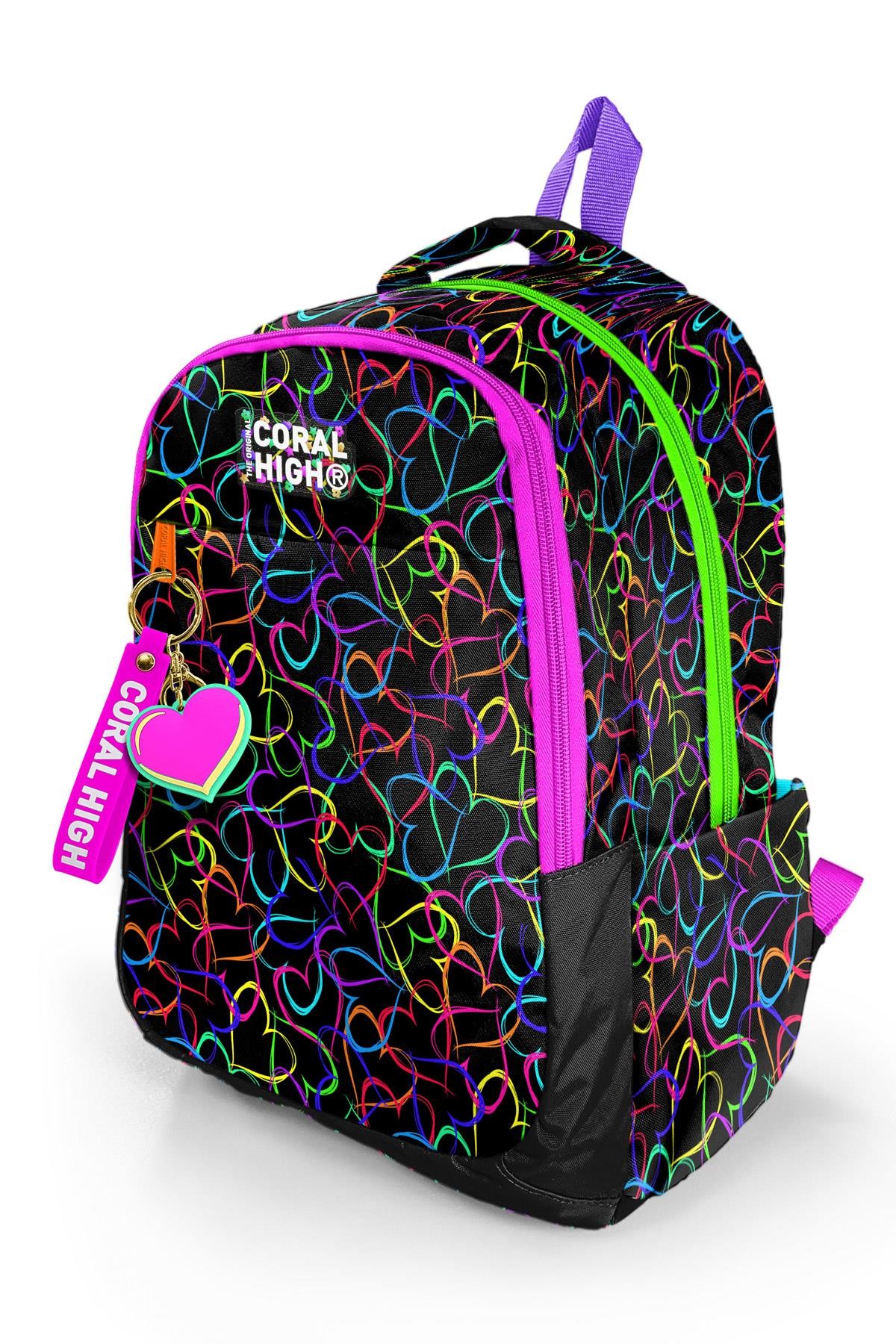 Coral High Kids Çok Renkli Kalp Desenli Üç Bölmeli Okul Sırt Çantası 23670
