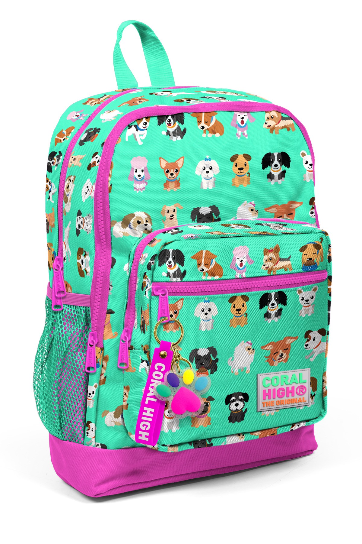 Coral High Kids Su Yeşili Neon Pembe Köpek Desenli Dört Bölmeli Okul Sırt Çantası 23465