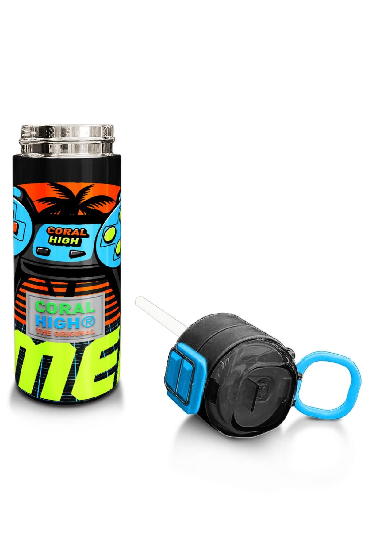 Coral High Kids Gri Turuncu Gamer Desenli Pipetli ve Direkt İçim Çelik Termos 500 ml 31947