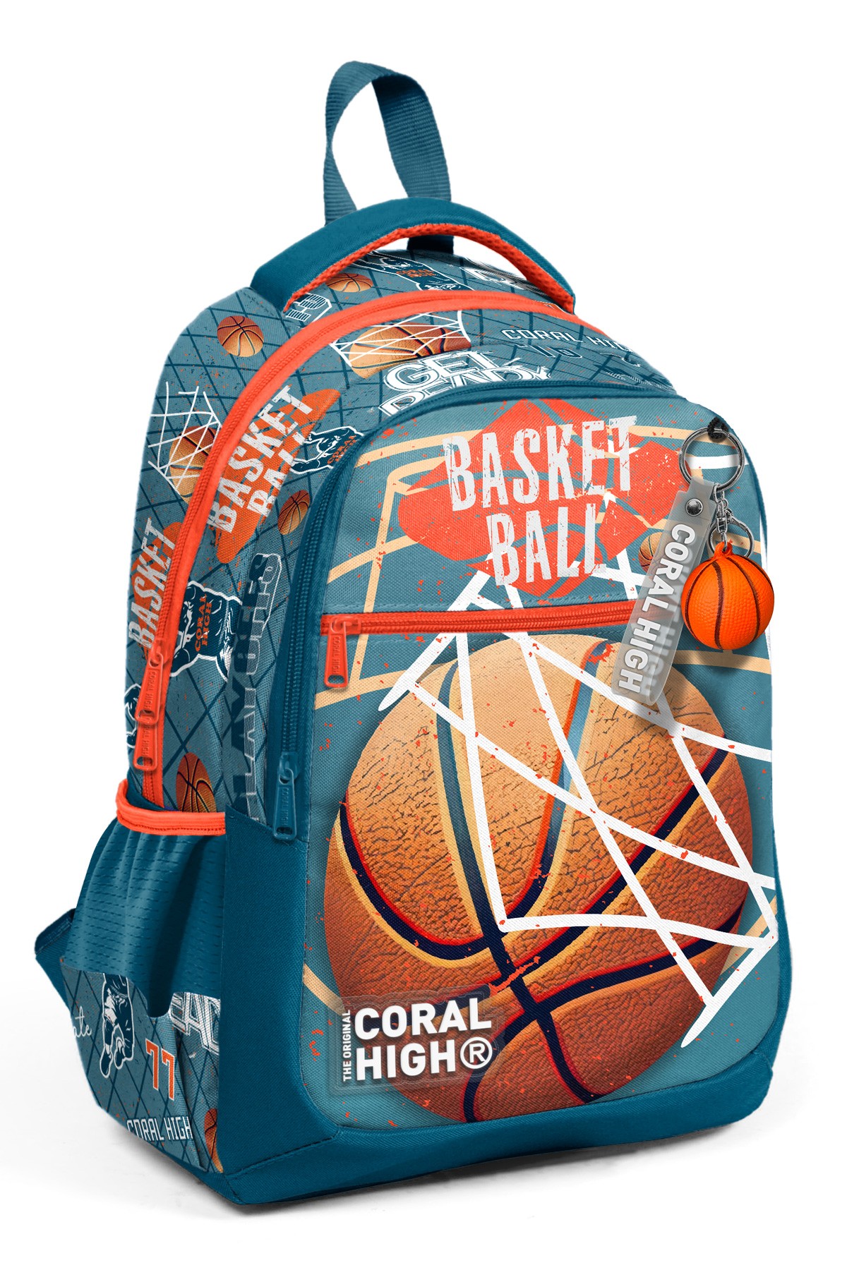 Coral High Kids Nefti Turuncu Basketbol Desenli Üç Bölmeli Okul Sırt Çantası 23651