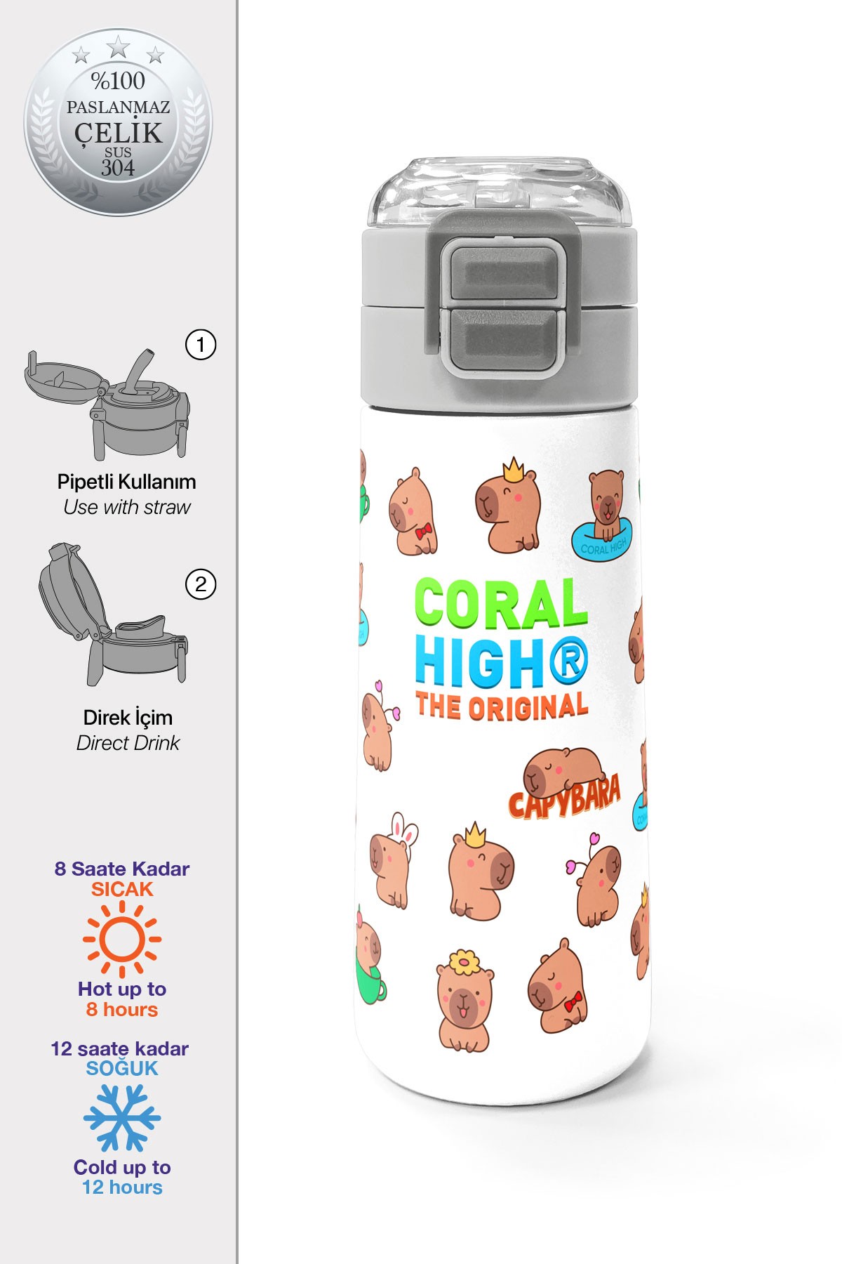 Coral High Kids Capybara Desenli Pipetli ve Direkt İçim Çelik Termos 500 ml 31794