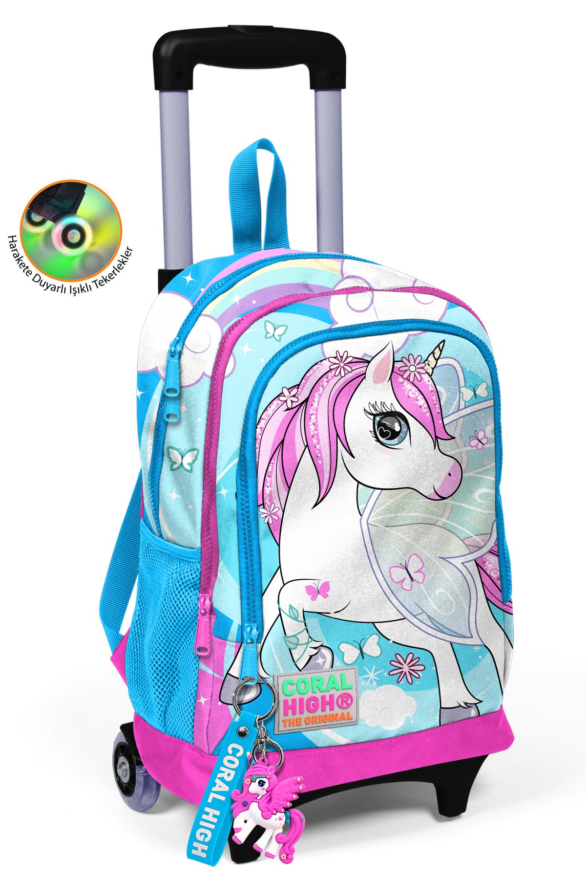 Coral High Kids Mavi Neon Pembe Unicorn Desenli Üç Bölmeli Çekçekli Okul Sırt Çantası 23911