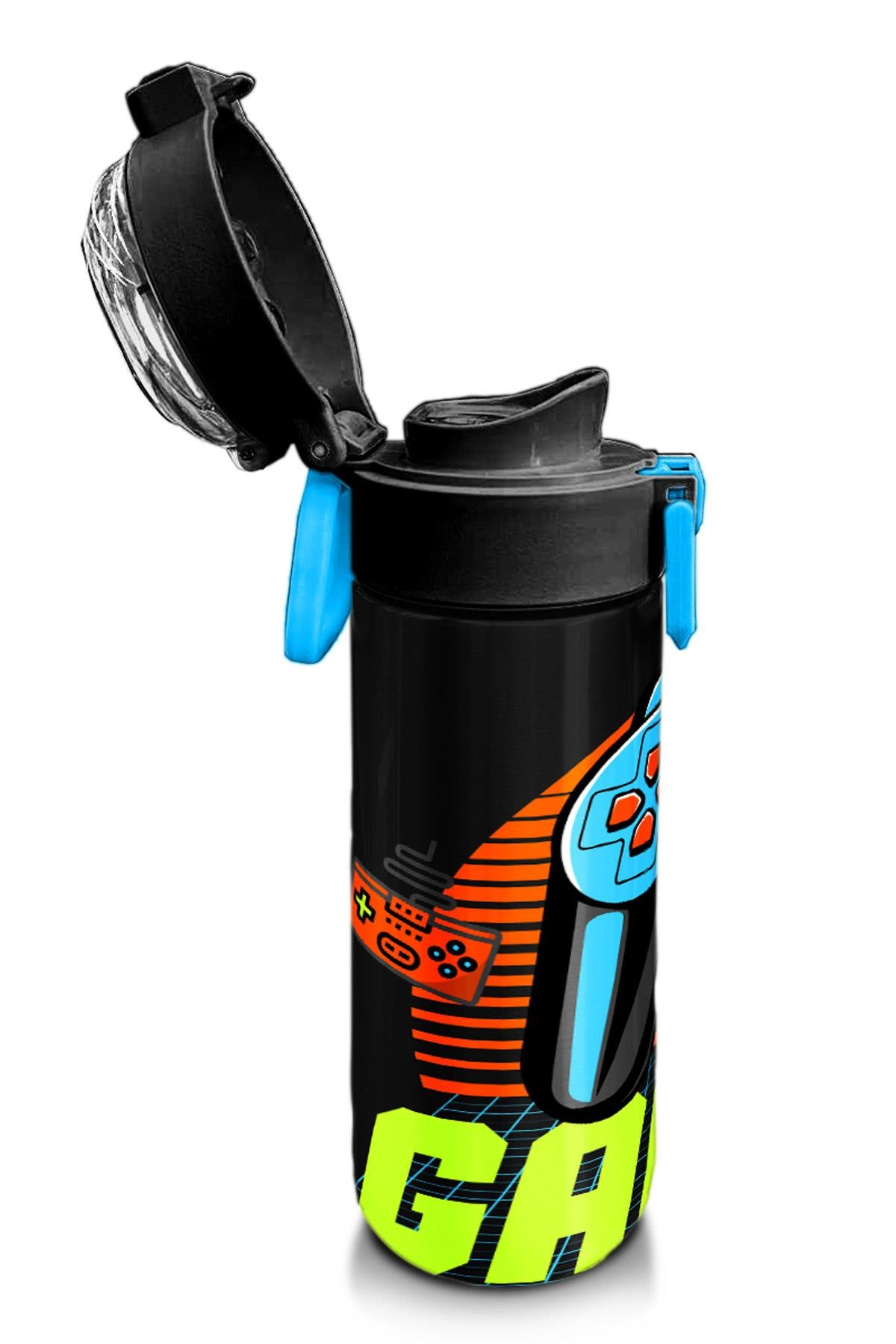 Coral High Kids Gri Turuncu Gamer Desenli Pipetli ve Direkt İçim Çelik Termos 500 ml 31947