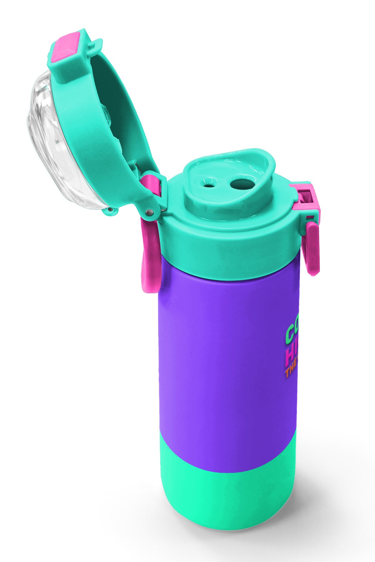 Coral High Kids Mor Renk Detaylı Desenli Pipetli ve Direkt İçim Çelik Termos 500 ml 31941