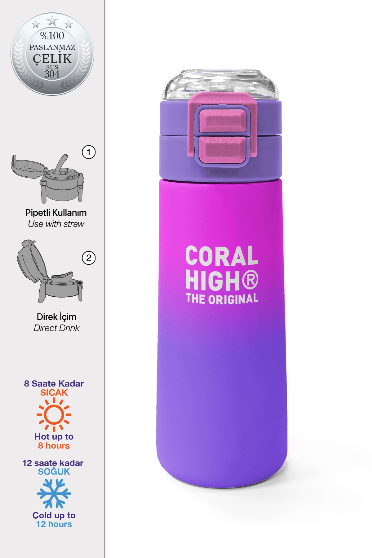 Coral High Kids Mor Renk Geçişli Desenli Pipetli ve Direkt İçim Çelik Termos 500 ml 31963