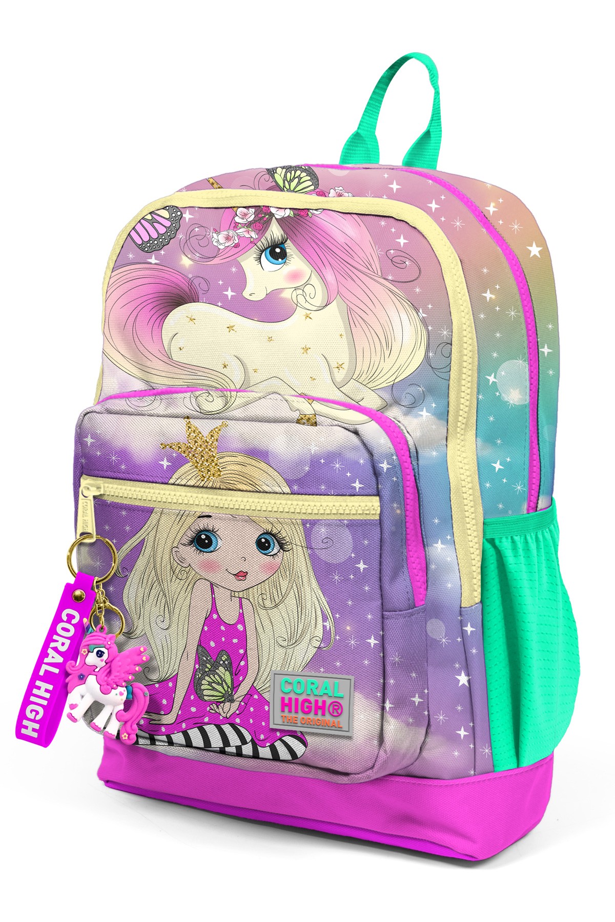 Coral High Kids Pembe Su Yeşili Unicornlu Kız Desenli Dört Bölmeli Okul Sırt Çantası 23733