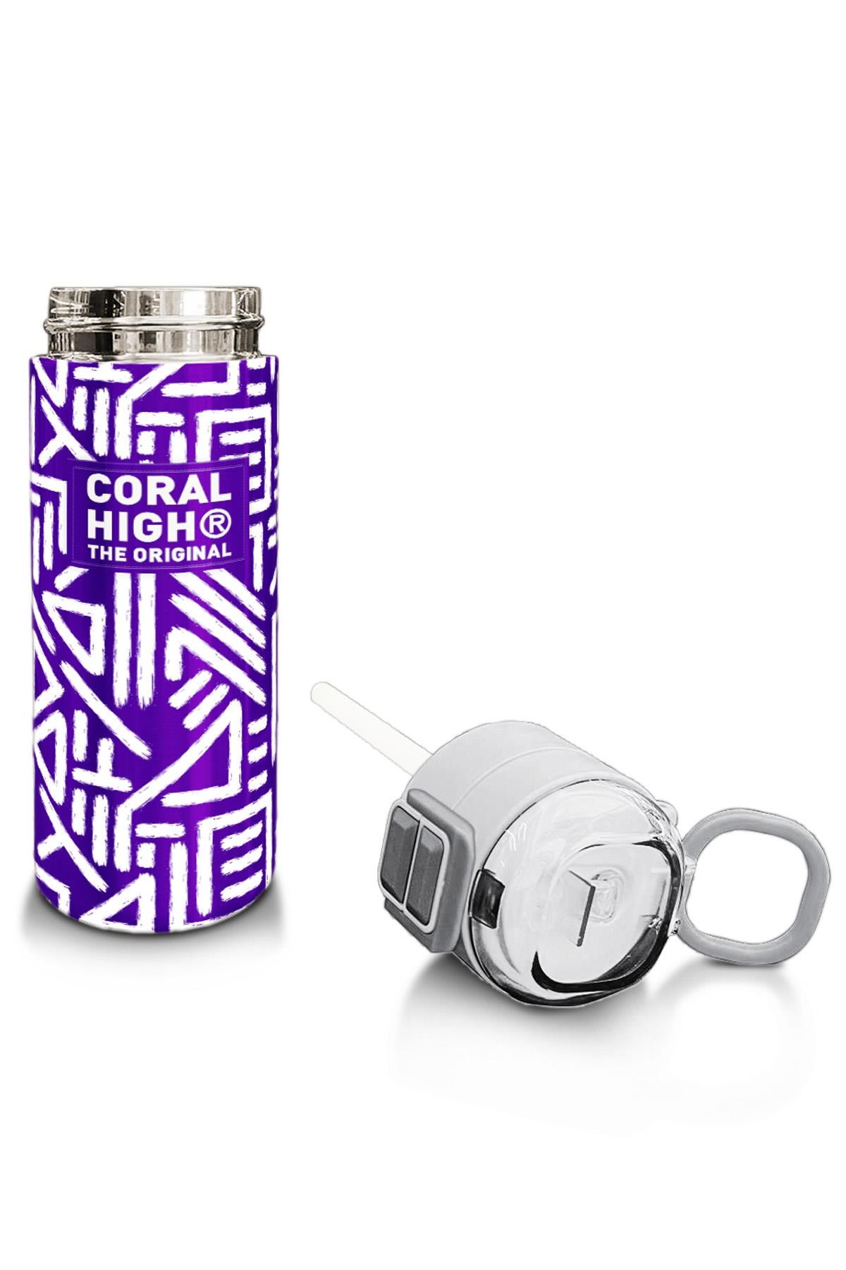 Coral High Kids Mor Beyaz Geometrik Desenli Pipetli ve Direkt İçim Çelik Termos 500 ml 31883