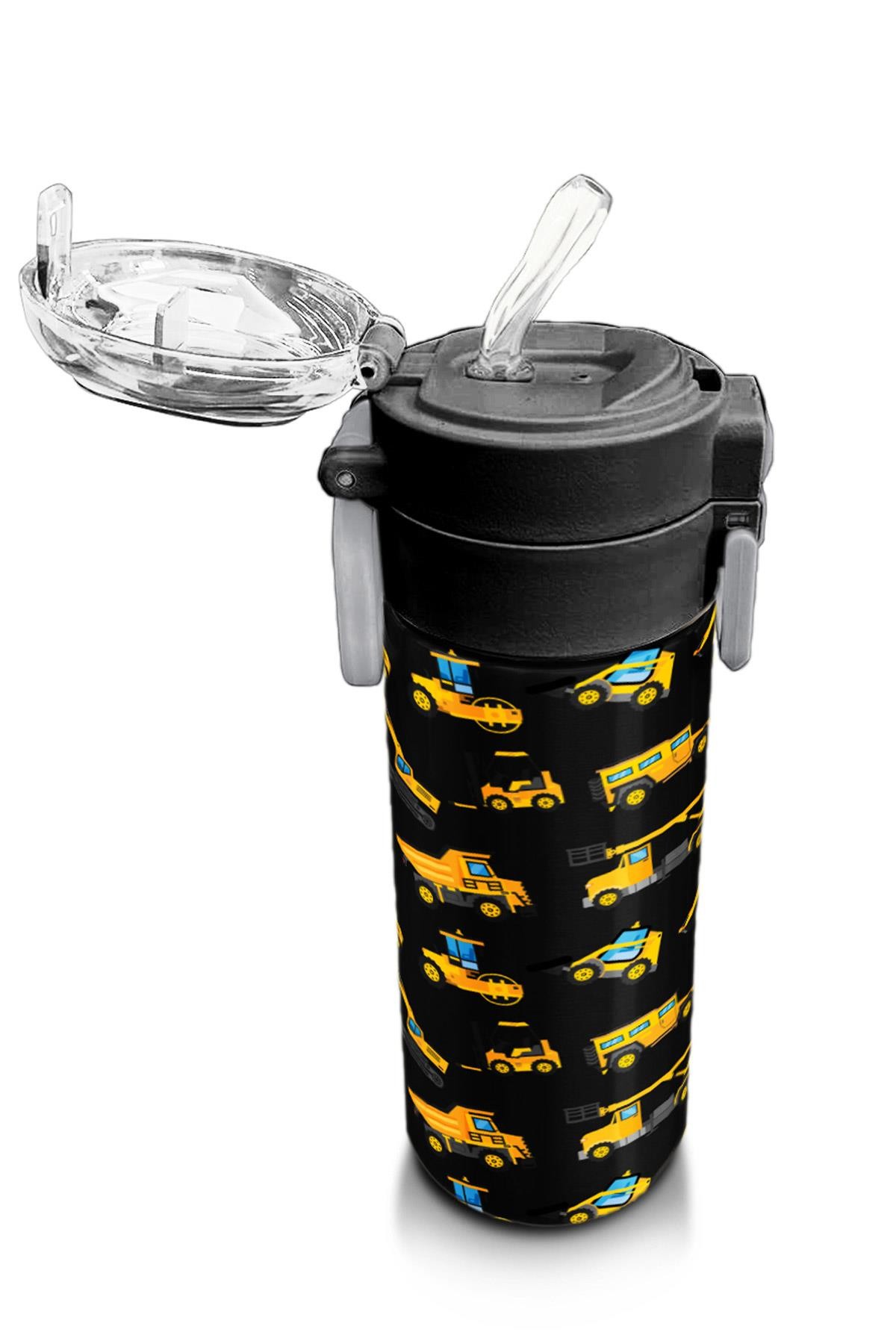 Coral High Kids Siyah Sarı İş Makinesi Desenli Pipetli ve Direkt İçim Çelik Termos 500 ml 31920