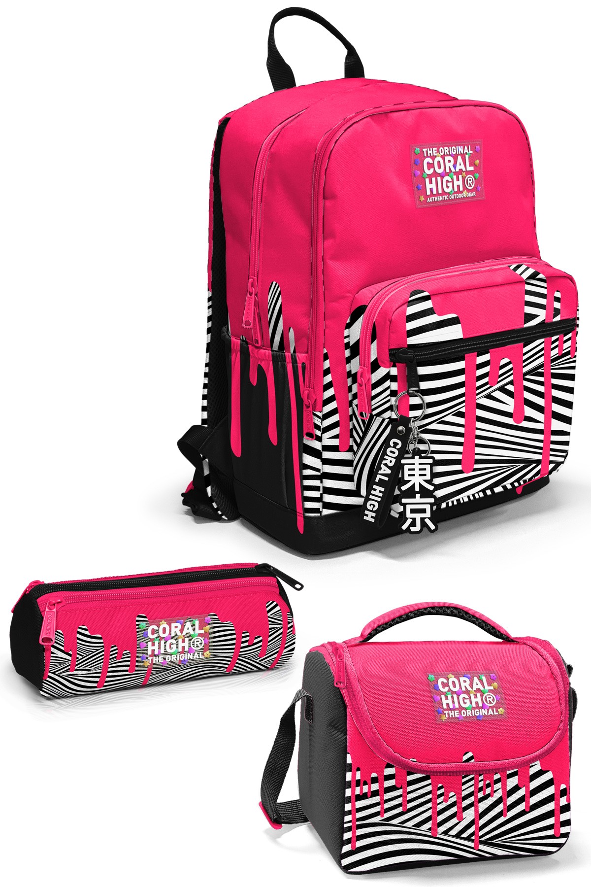 Coral High Pembe Siyah Beyaz Desenli 3’lü Okul Çanta Seti SET0123678