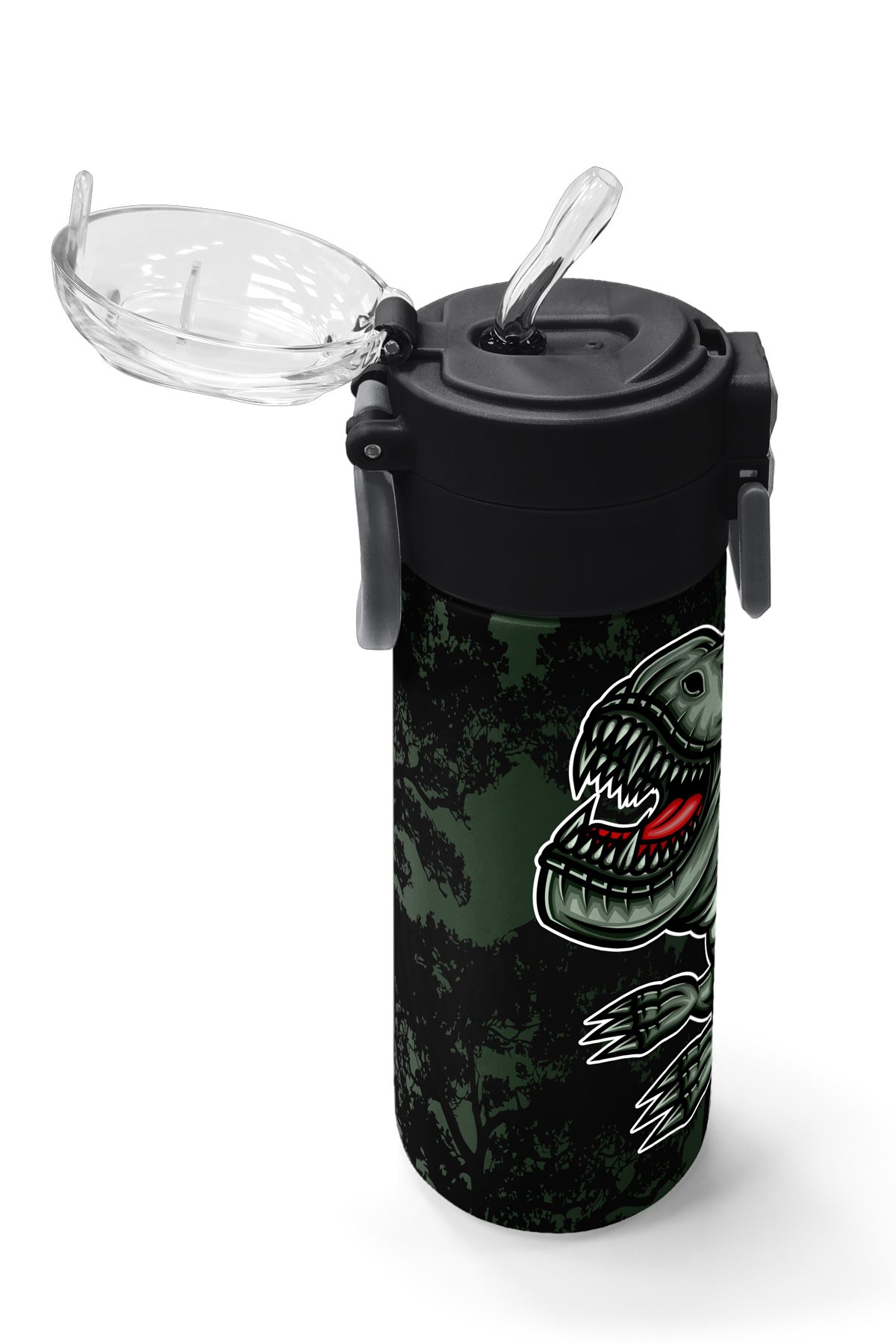 Coral High Kids Koyu Yeşil Siyah Dinozor Desenli Pipetli ve Direkt İçim Çelik Termos 500 ml 31934