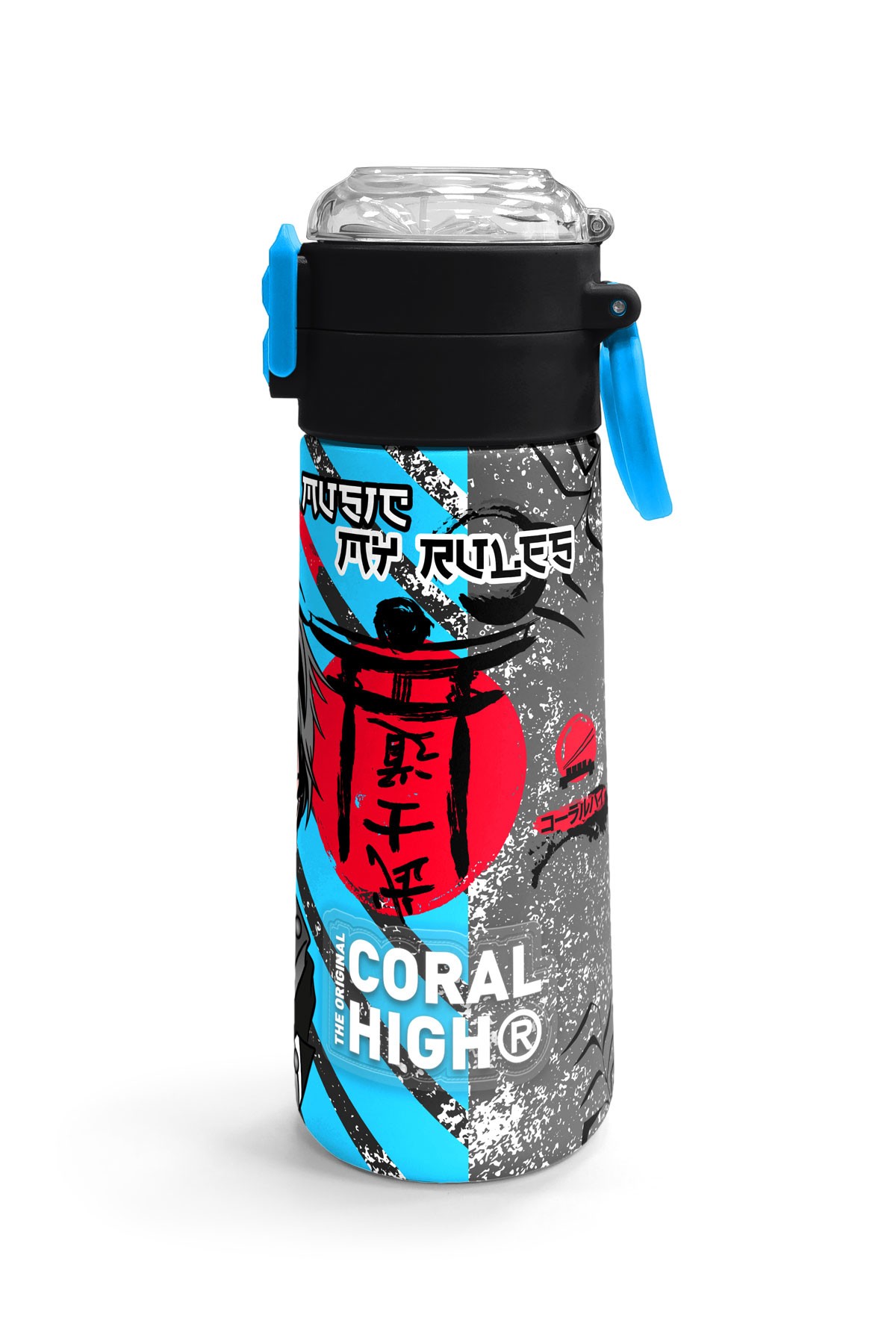 Coral High Kids Siyah Mavi Anime Desenli Pipetli ve Direkt İçim Çelik Termos 500 ml 31840