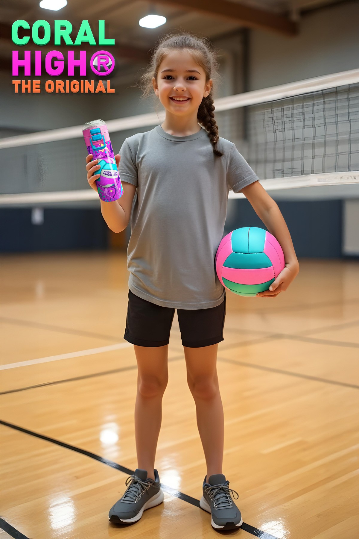 Coral High Kids Pembe Mor Voleybol Desenli Pipetli ve Direkt İçim Çelik Termos 500 ml 31795