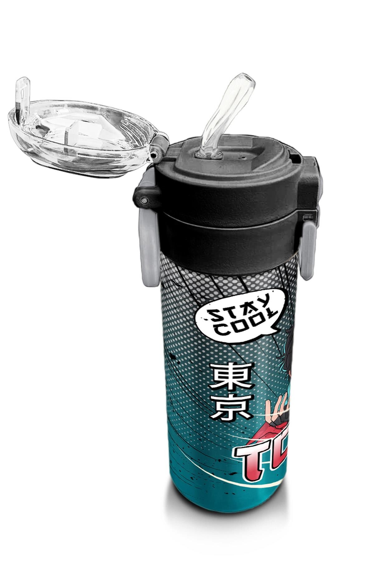 Coral High Kids Gri Nefti Anime Motorsiklet Desenli Pipetli ve Direkt İçim Çelik Termos 500 ml 31965