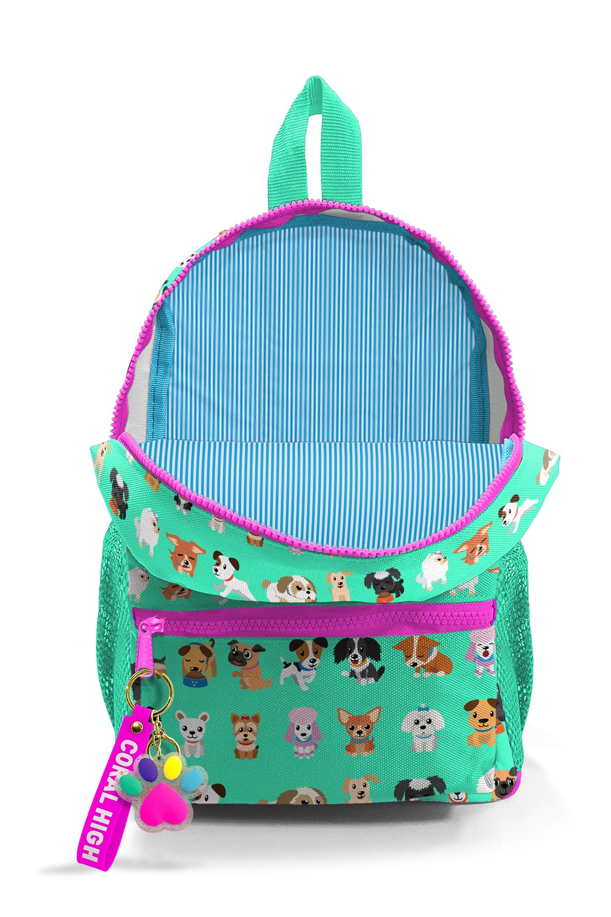 Minik Yuva Sırt Çantası Su Yeşili Neon Pembe Köpek Desenli İki Bölmeli  23330
