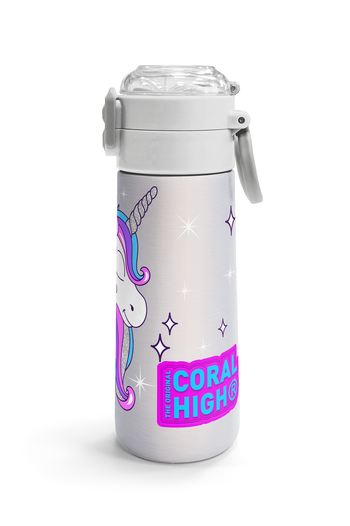 Coral High Kids Pembe Gümüş Unicorn Desenli Pipetli ve Direkt İçim Çelik Termos 500 ml 31821