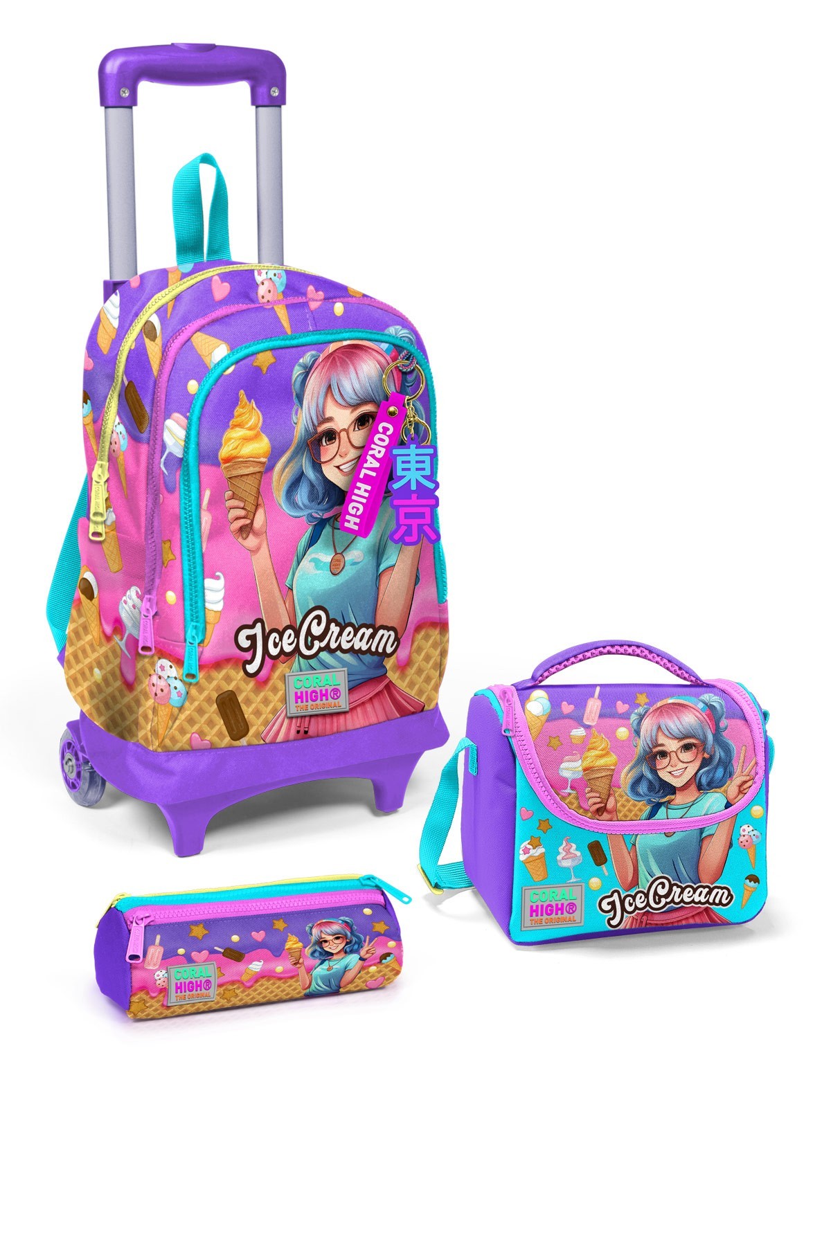 Coral High Kids Lila Turkuaz Dondurma ve Anime Desenli 3’lü Okul Çanta Seti SET0123973