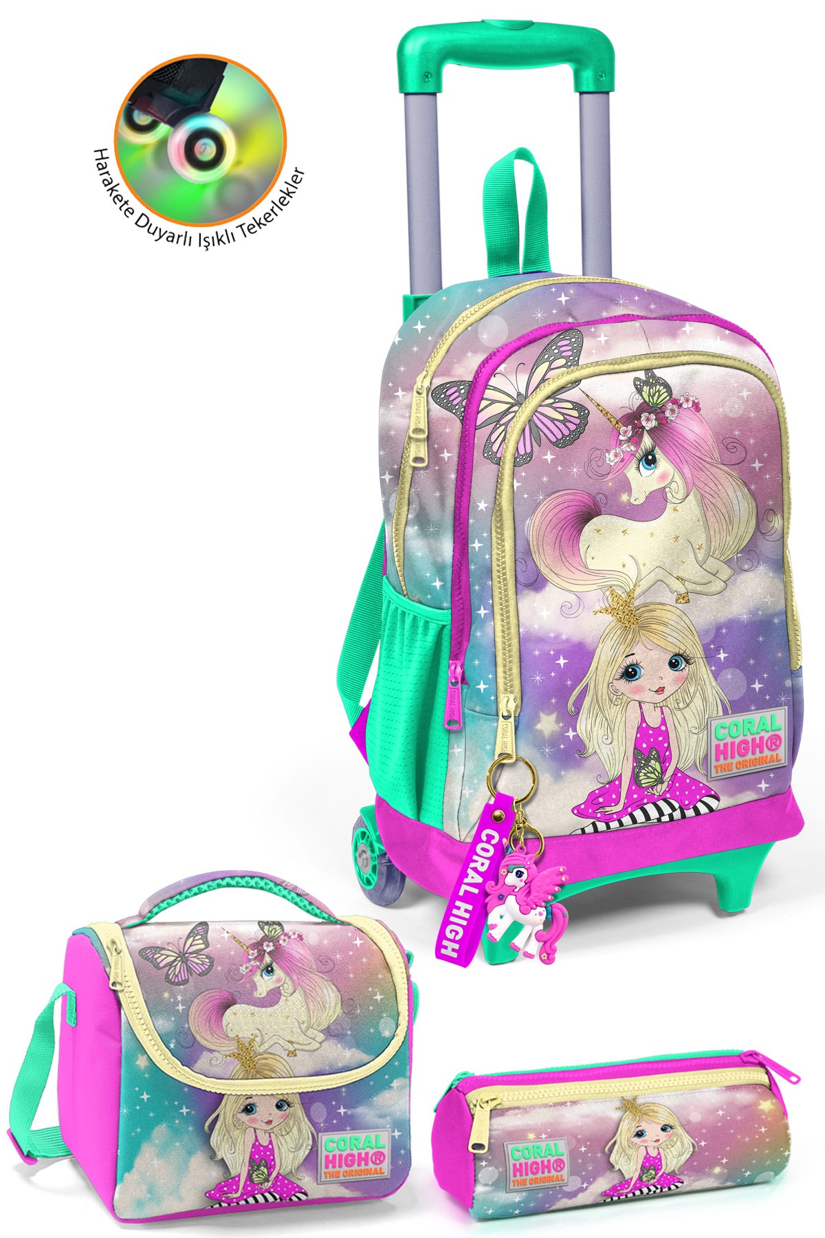 Coral High Kids Pembe Su Yeşili Unicornlu Kız Desenli 3'lü Çanta Seti SET0123933