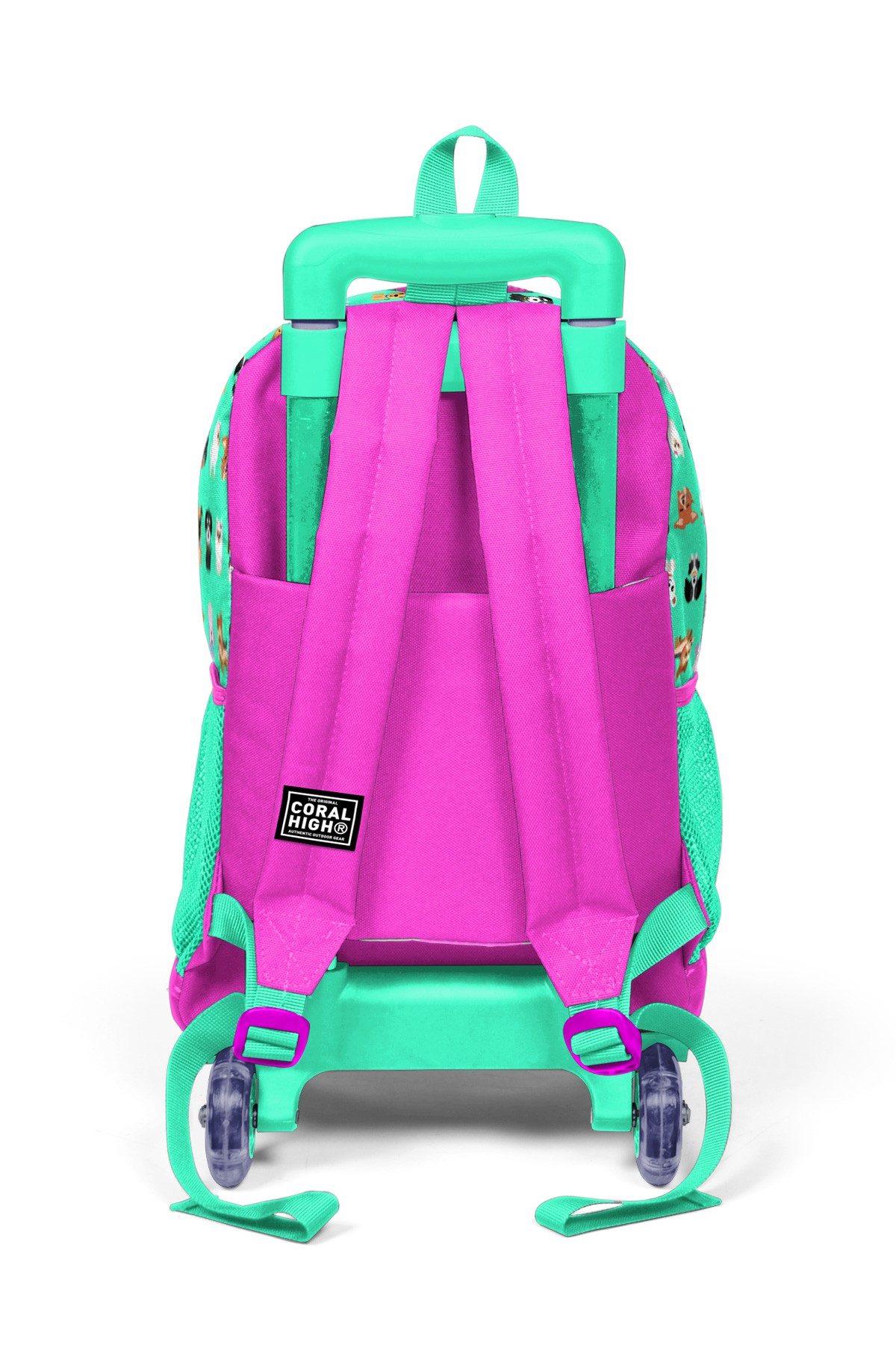 Coral High Kids Su Yeşili Neon Pembe Köpek Desenli Üç Bölmeli Çekçekli Okul Sırt Çantası 23362