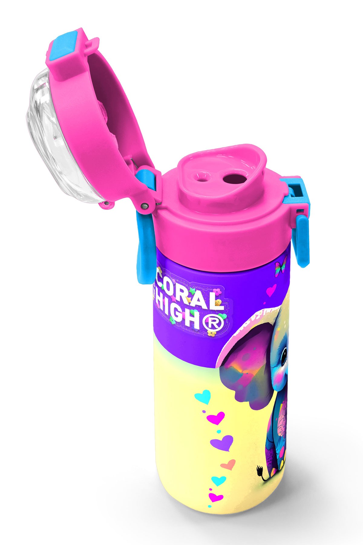 Coral High Kids Pembe Turkuaz Fil Desenli Pipetli ve Direkt İçim Çelik Termos 500 ml 31814
