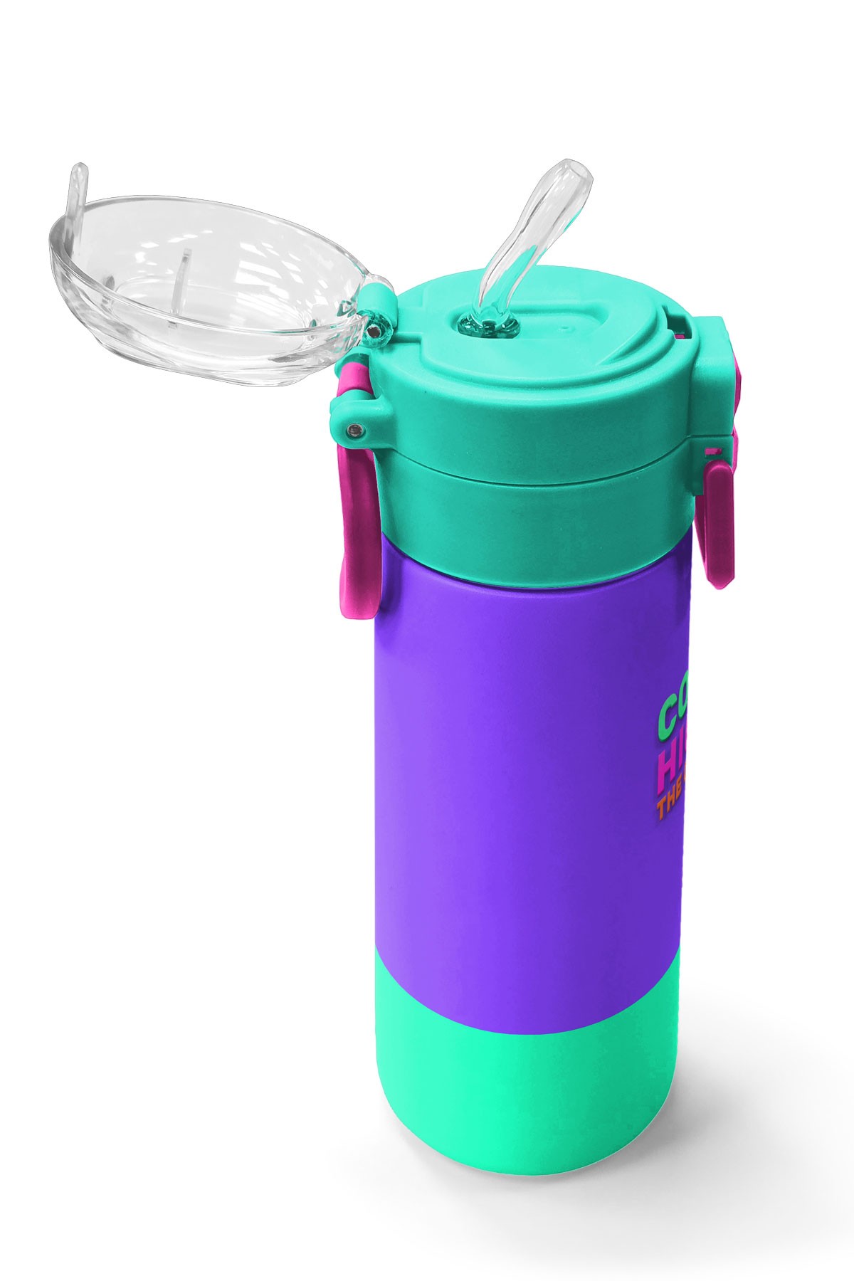Coral High Kids Mor Renk Detaylı Desenli Pipetli ve Direkt İçim Çelik Termos 500 ml 31941