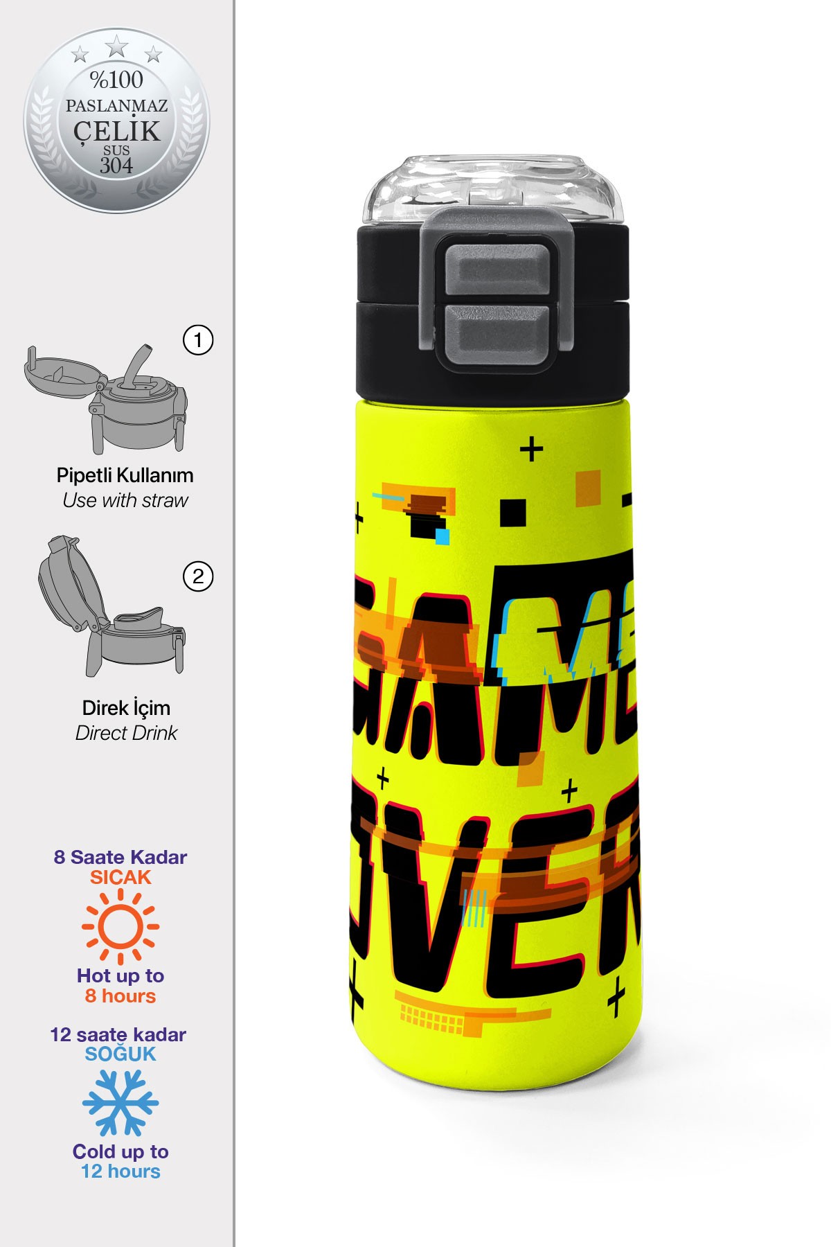 Coral High Kids Siyah Neon Sarı Game Over Desenli Pipetli ve Direkt İçim Çelik Termos 500 ml 31936