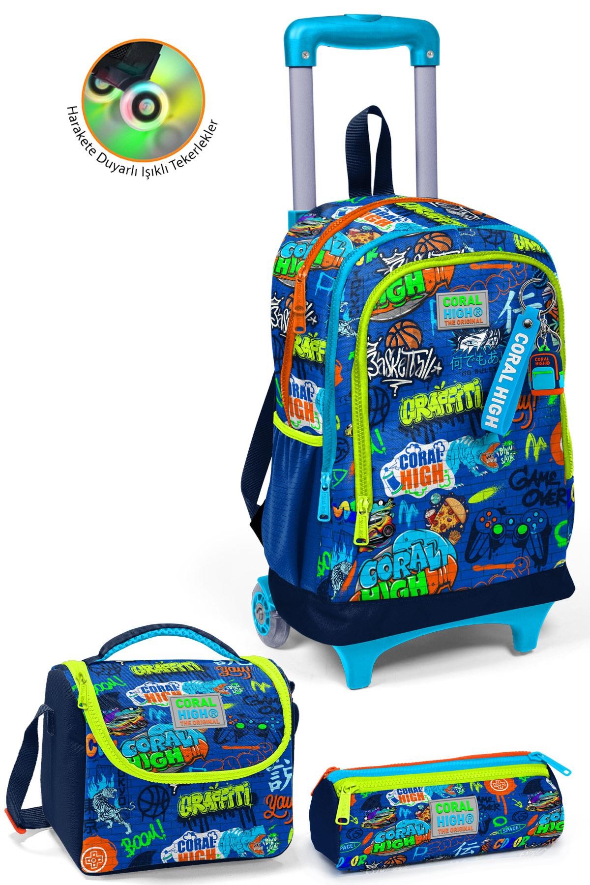 Coral High Kids Saks Grafiti Desenli Üç Bölmeli Çekçekli 3'lü Çanta Seti SET0123967