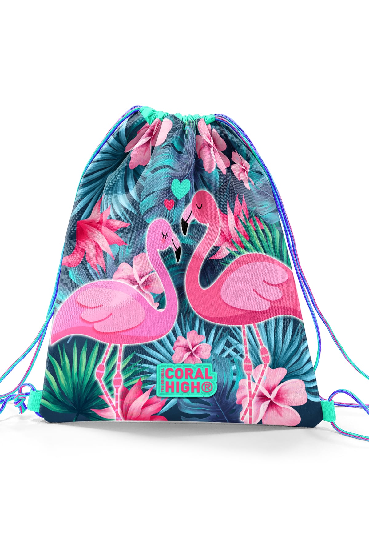 Coral High Kids Neon Mercan Su Yeşili Flamingo Desenli İpli Büzgülü Sırt Çantası 22484