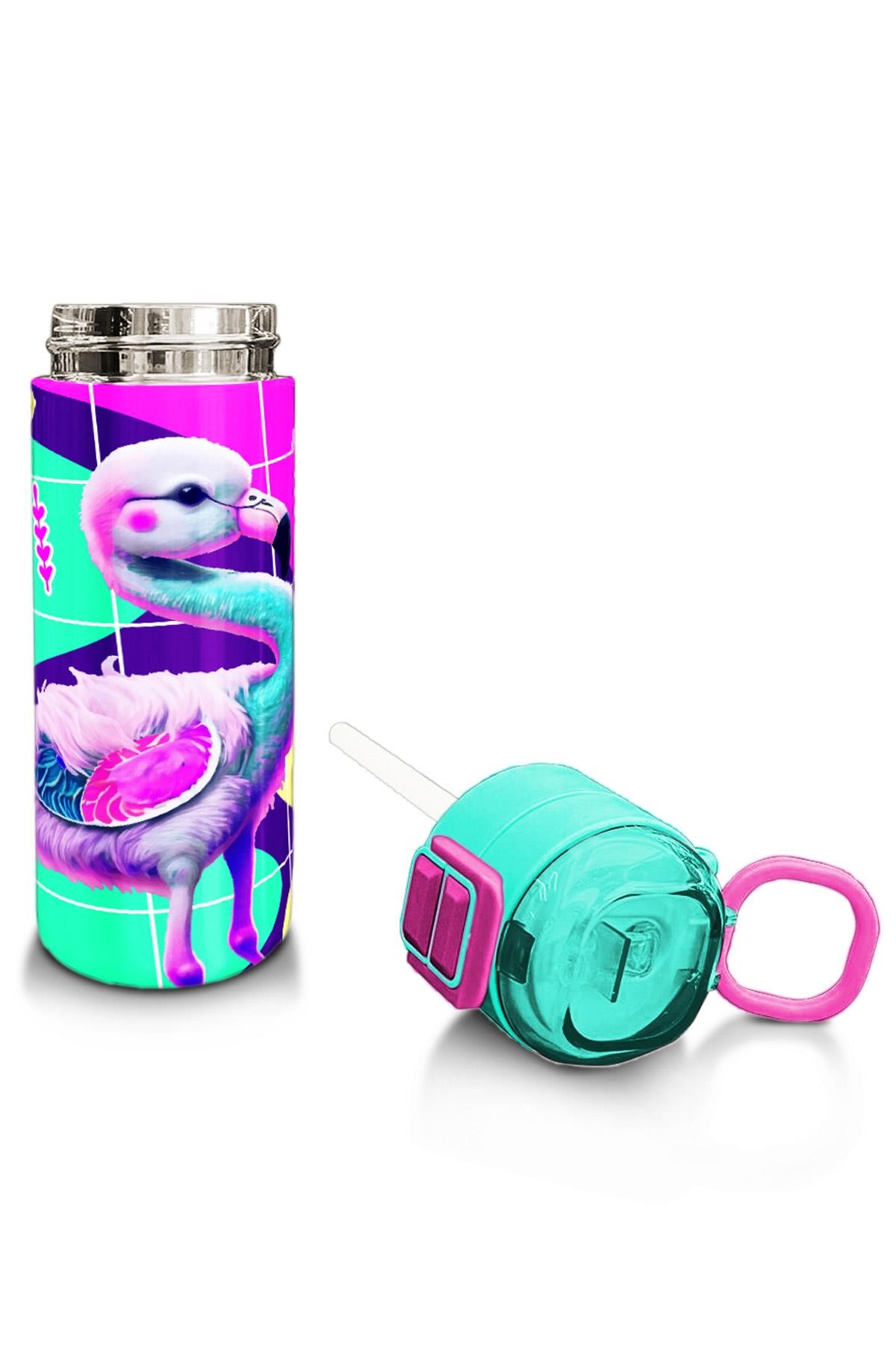 Coral High Kids Pembe Su Yeşili Flamingo Desenli Pipetli ve Direkt İçim Çelik Termos 500 ml 31811