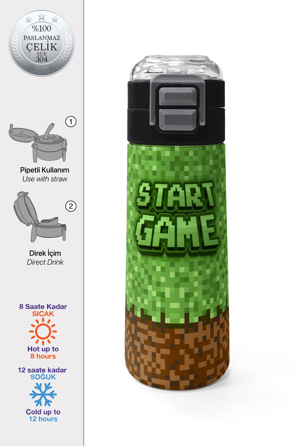 Coral High Kids High Craft Desenli Pipetli ve Direkt İçim Çelik Termos 500 ml 31992