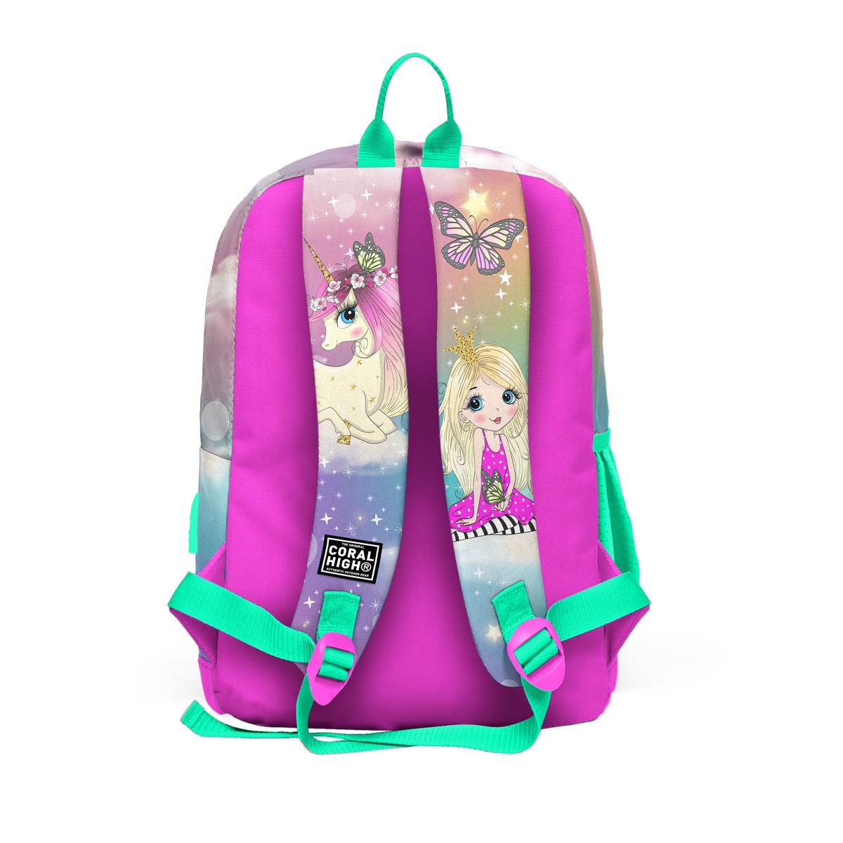 Coral High Kids Pembe Su Yeşili Unicornlu Kız Desenli Dört Bölmeli USB'li Okul Sırt Çantası 23833