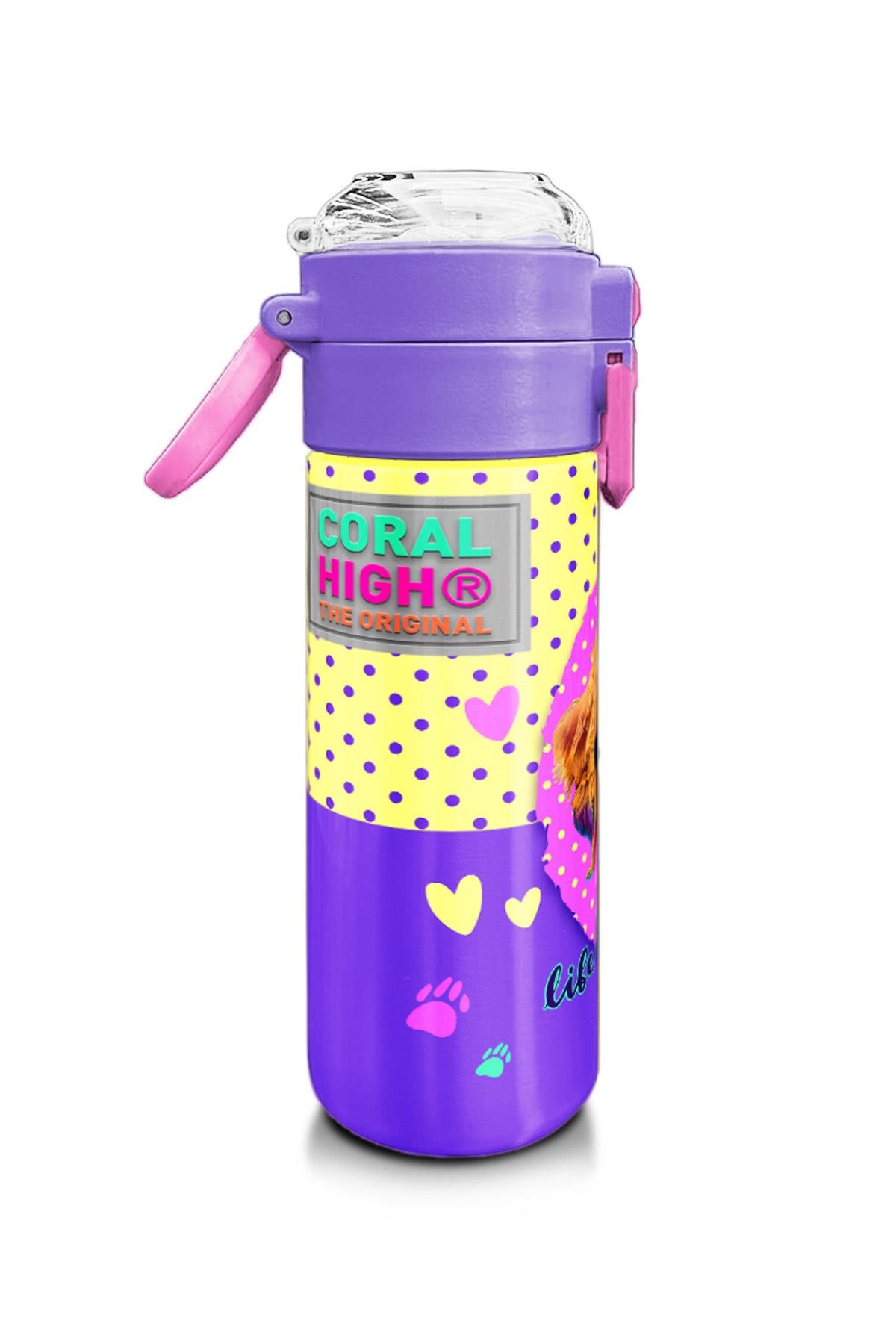 Coral High Kids Sarı Pembe Sevimli Köpek Desenli Pipetli ve Direkt İçim Çelik Termos 500 ml 31953