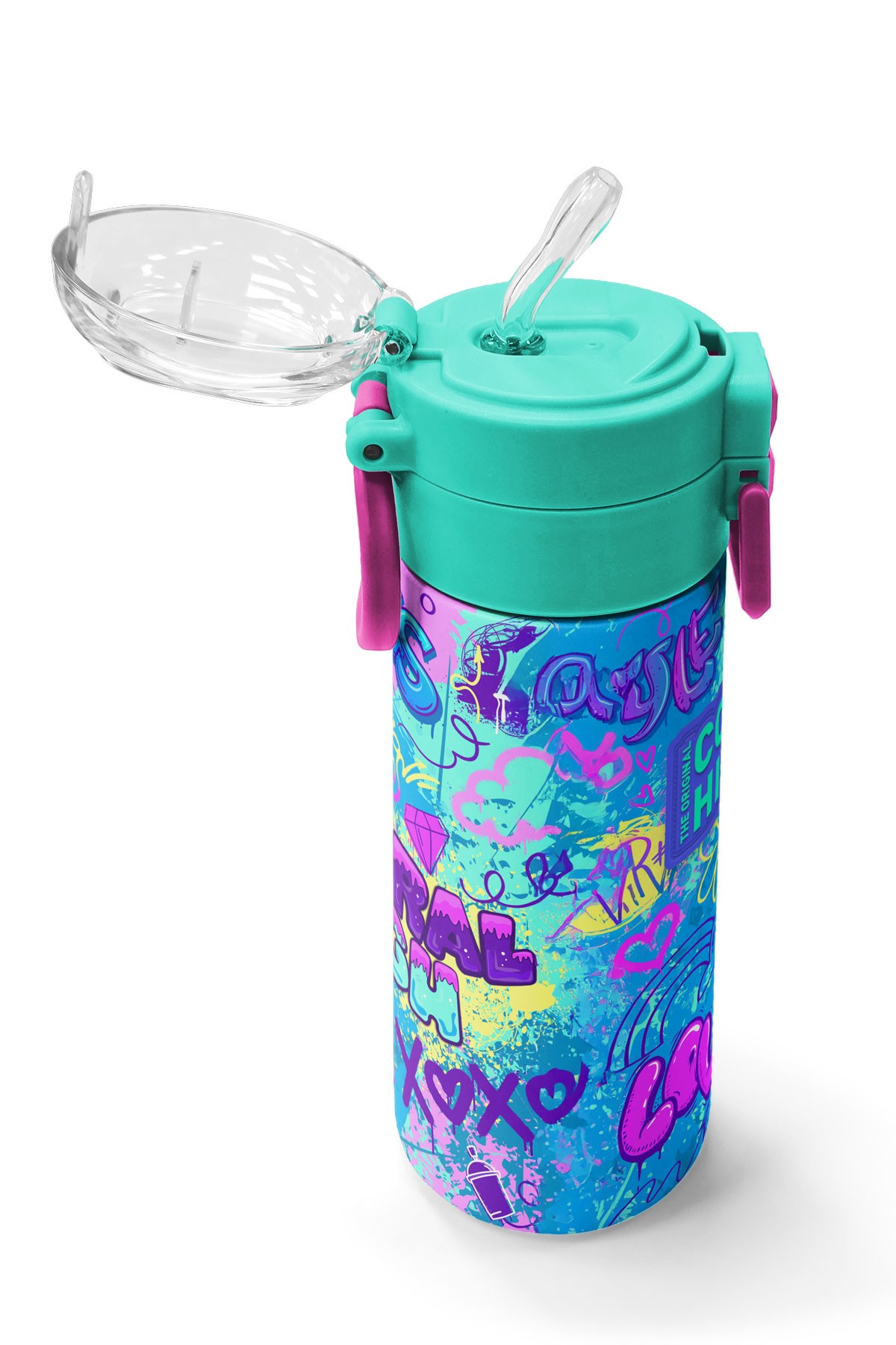 Coral High Kids Lavanta Su Yeşili Grafiti Desenli Pipetli ve Direkt İçim Çelik Termos 500 ml 31971
