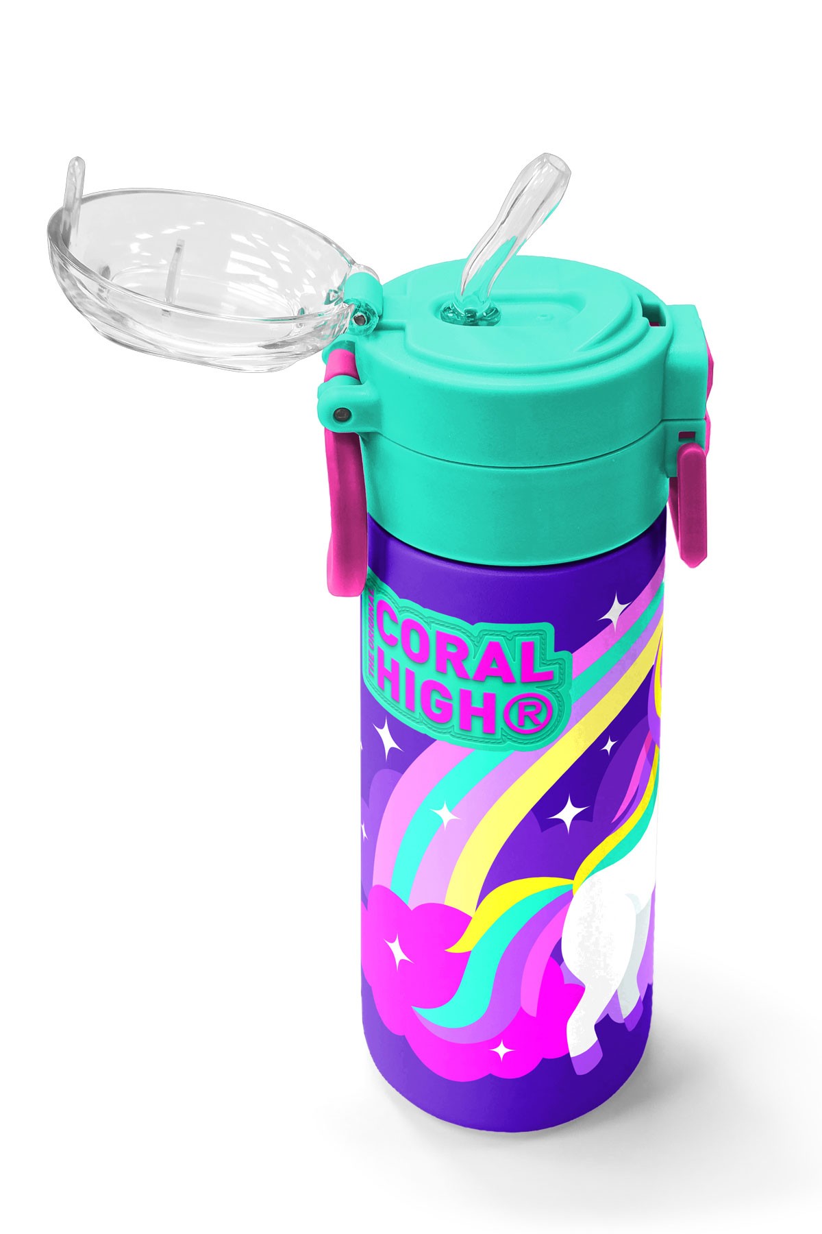 Coral High Kids Mor Su Yeşili Unicorn Desenli Pipetli ve Direkt İçim Çelik Termos 500 ml 31818