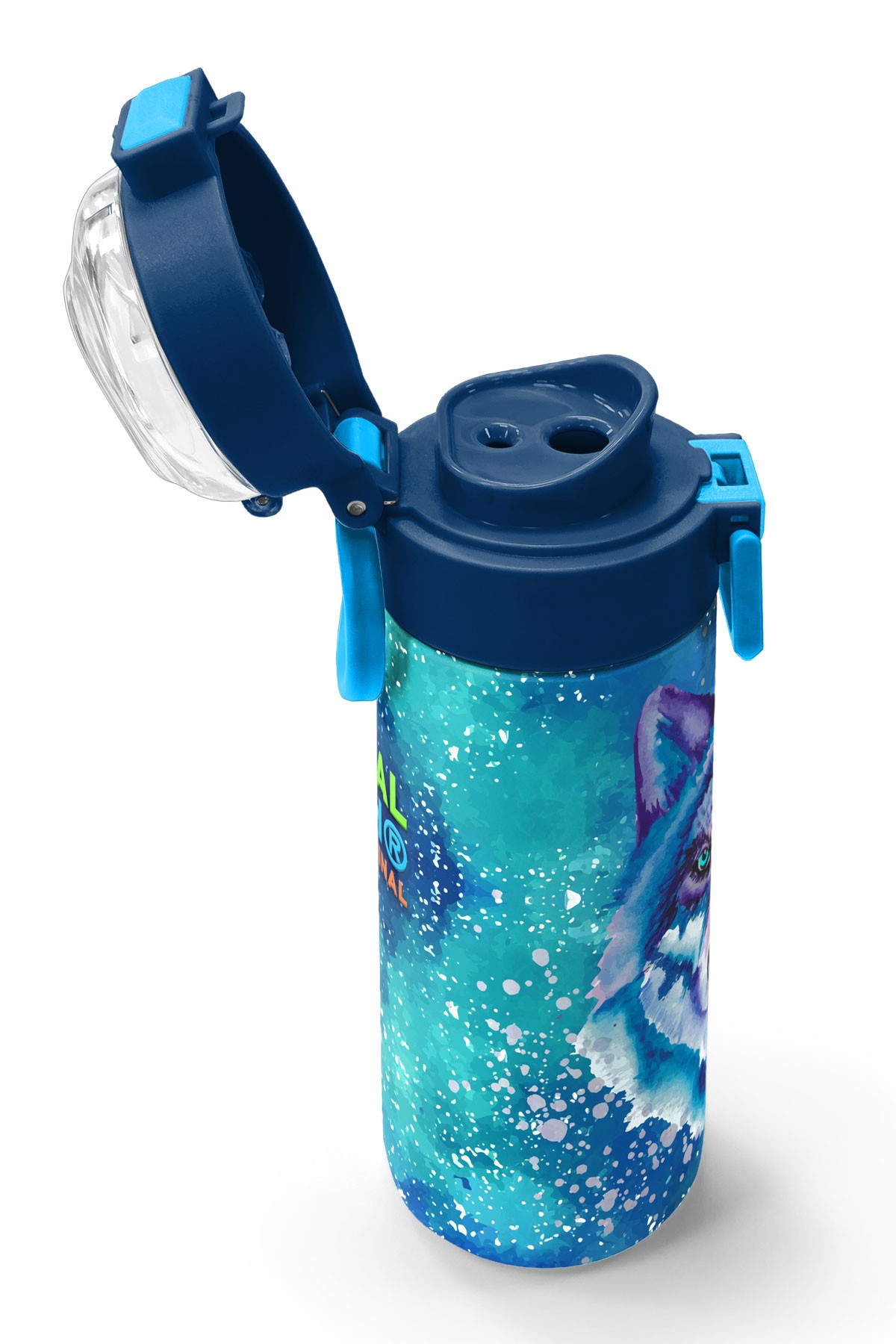 Coral High Kids Lacivert Mavi Kurt Desenli Pipetli ve Direkt İçim Çelik Termos 500 ml 31945