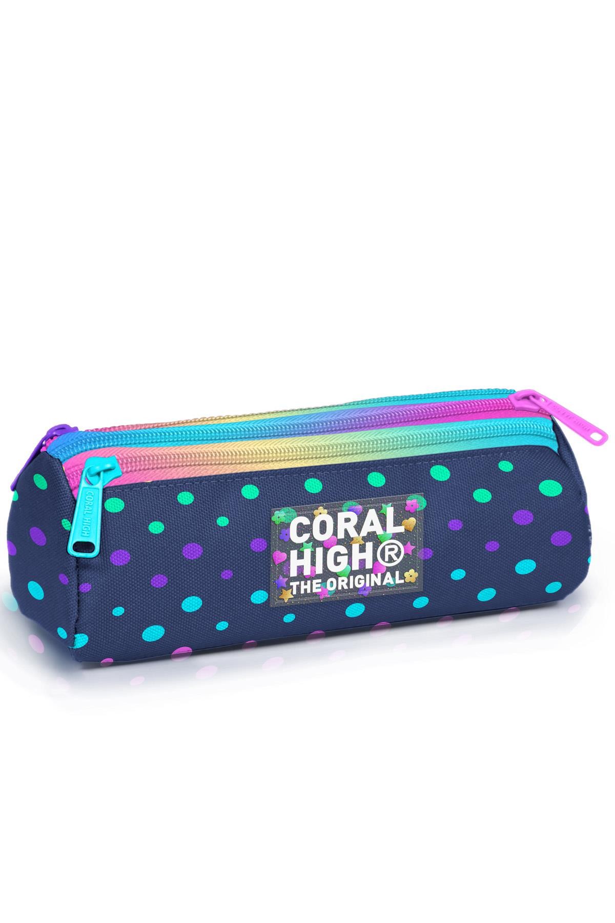 Coral High Kids Lacivert Renkli Puantiyeli Üç Bölmeli Kalem Çantası 11172