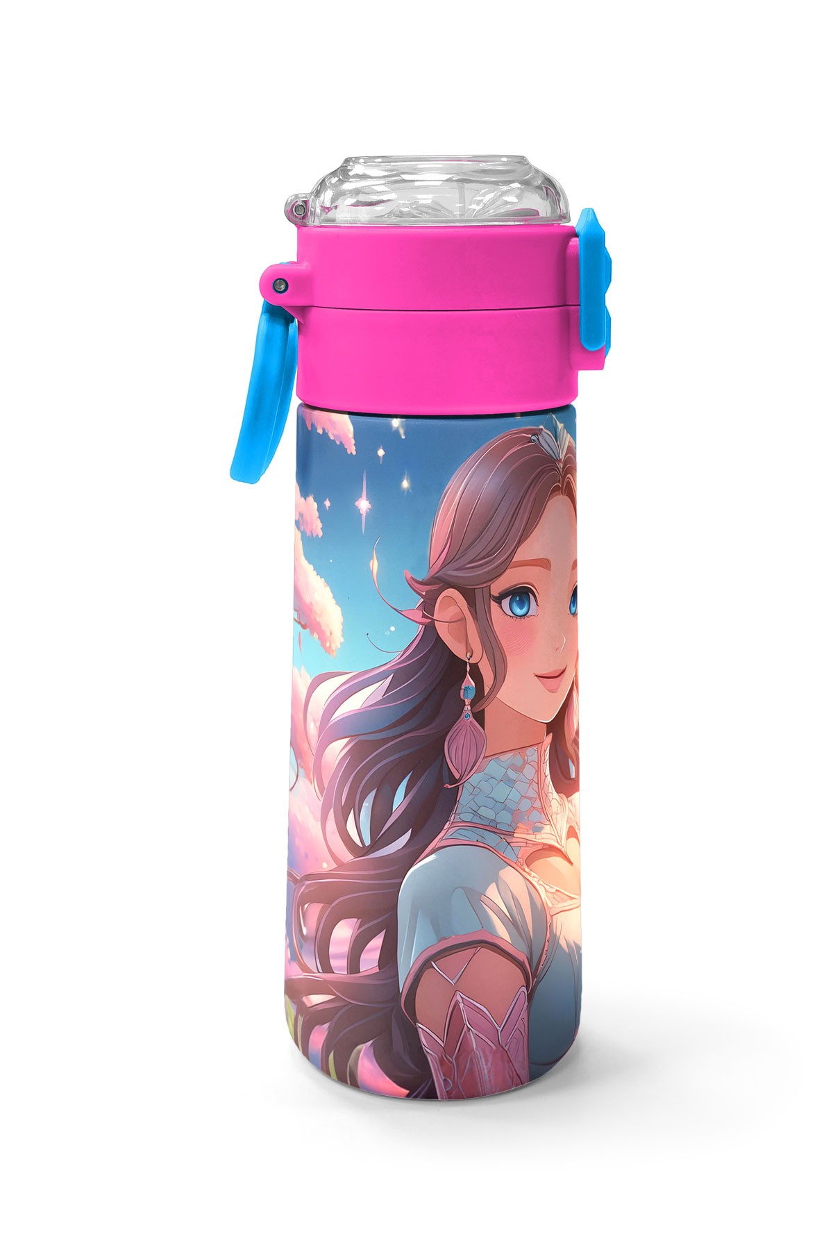 Coral High Kids Turkuaz Pembe Anime Kız Desenli Pipetli ve Direkt İçim Çelik Termos 500 ml 31858