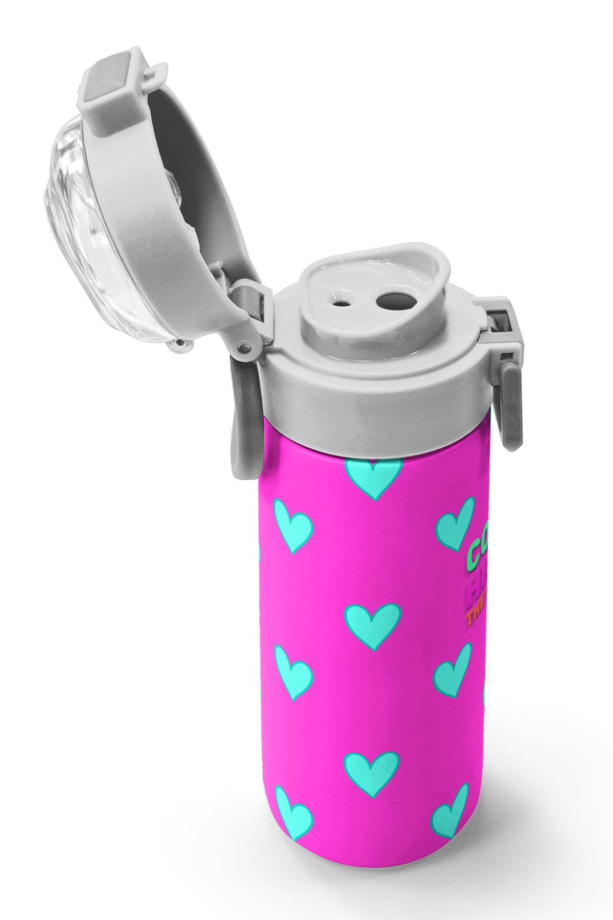 Coral High Kids Neon Pembe Su Yeşili Kalp Desenli Pipetli ve Direkt İçim Çelik Termos 500 ml 31906